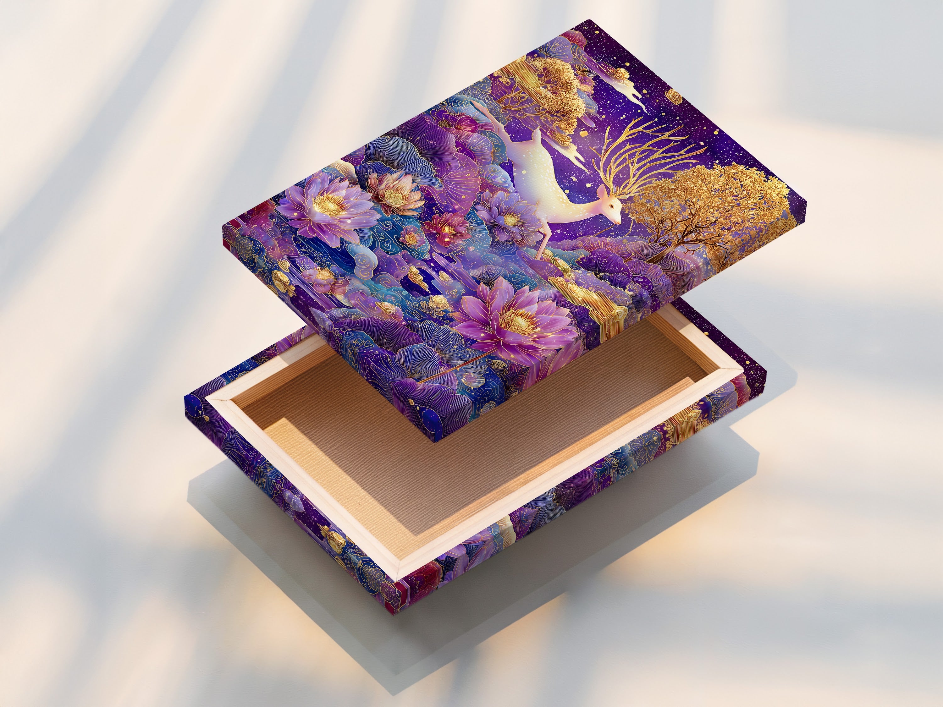 A stretched canvas print of the Mystical Deer artwork is featured. The canvas texture adds depth and richness to the colors. Ready to hang and enjoy in any room. Add a touch of magic to your walls with this art.