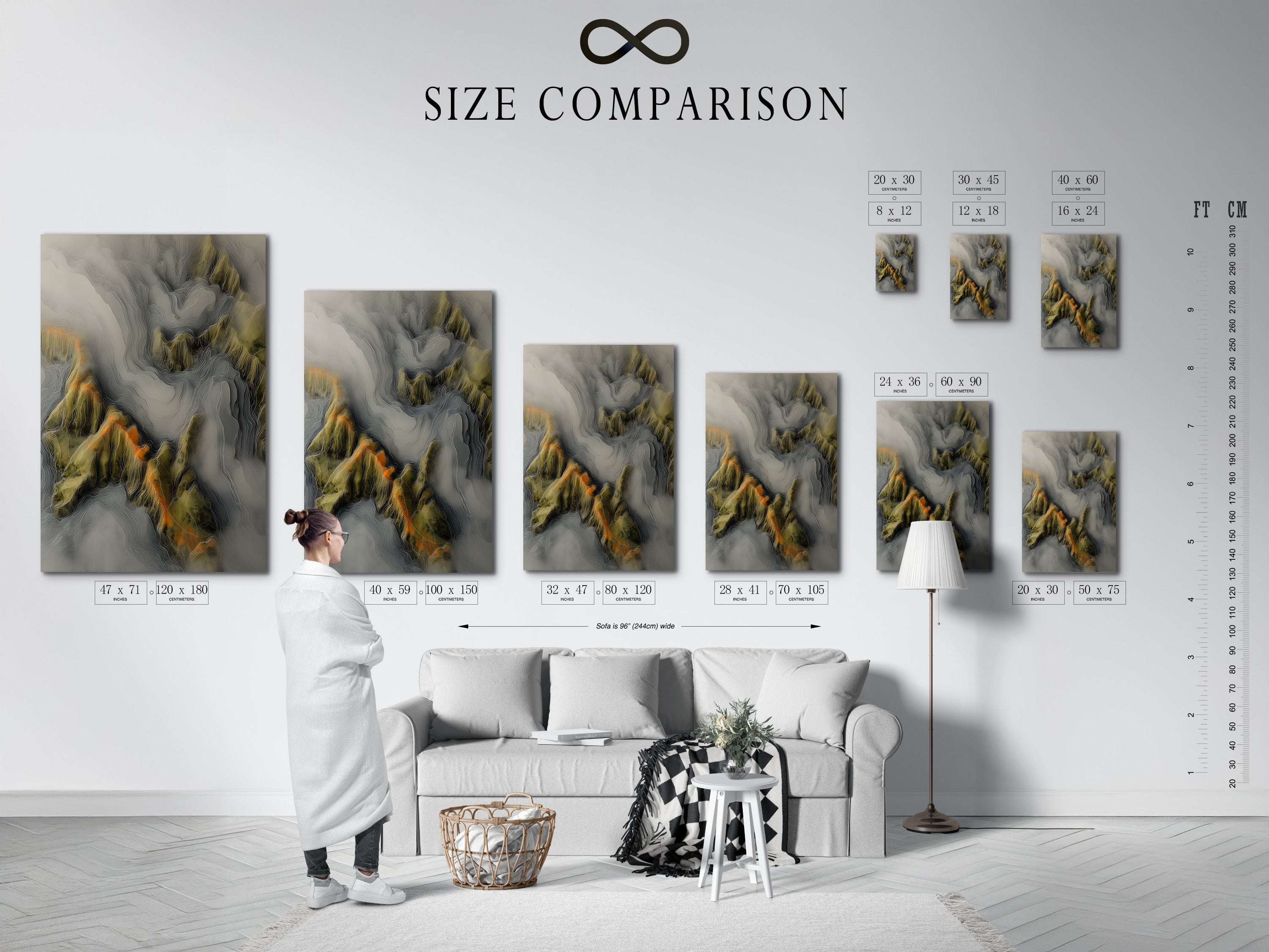 Size comparison chart in an interior setting. The chart shows various sizes of artwork. It helps customers visualize how each size will look in their space. This guide aids in selecting the perfect size. It ensures the artwork fits the room.