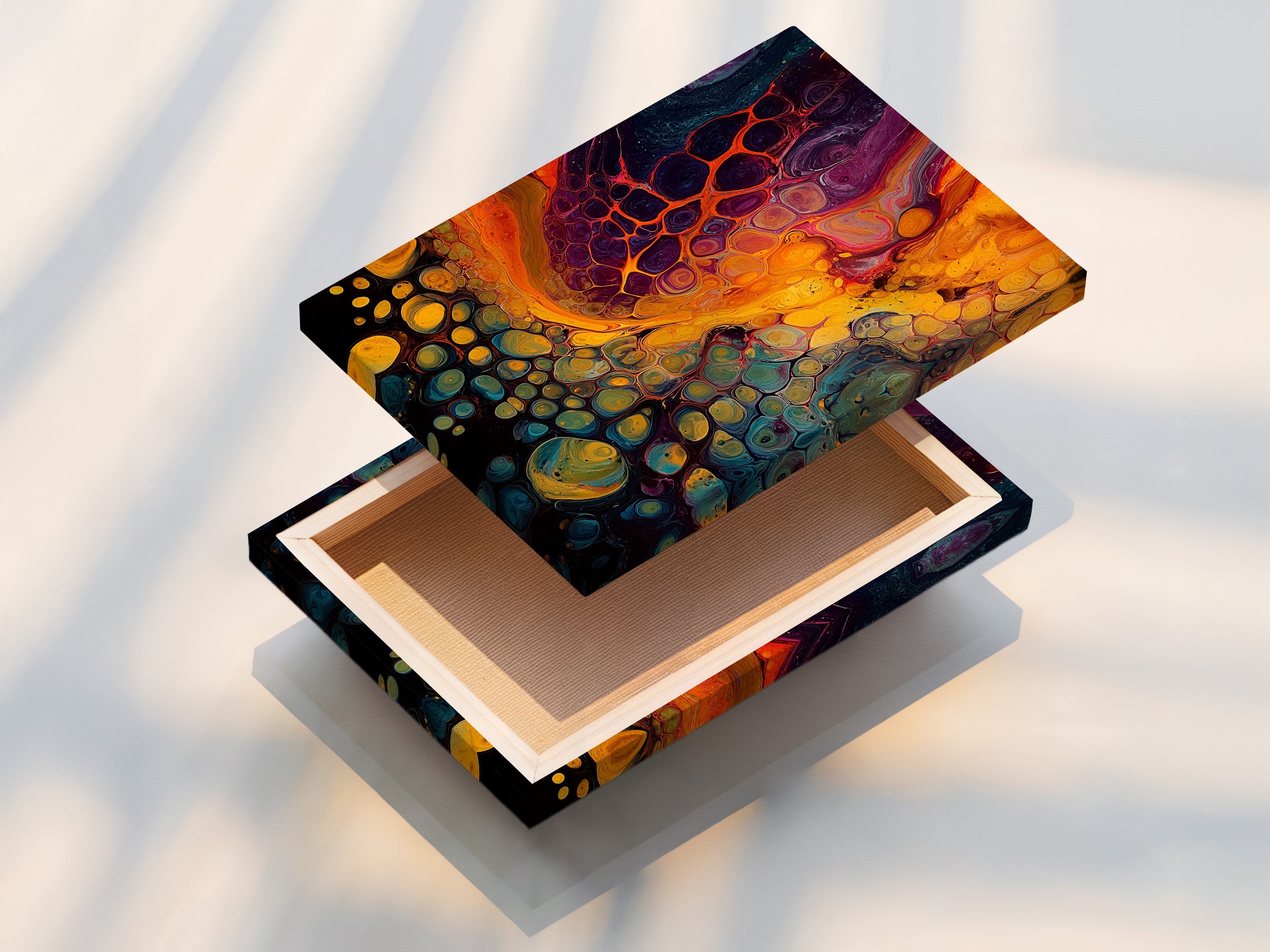 View of a stretched canvas print. The canvas is tightly stretched over a wooden frame. This provides a gallery-ready look for your artwork. Canvas prints offer texture and depth. Enjoy your art on durable canvas.