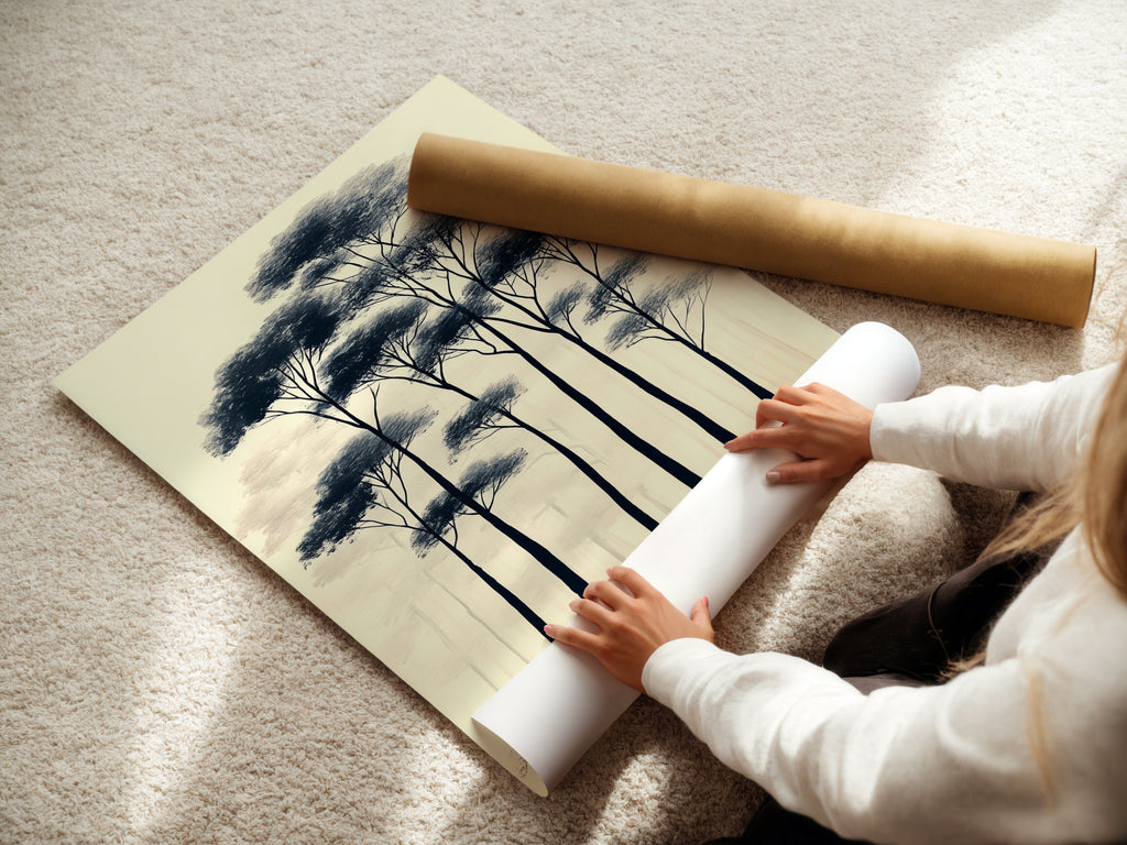A woman expertly rolls a fine art poster paper. The paper is high-quality. Ensuring a perfect print every time. Ideal for creating forest trees artwork and minimalist prints. Experience the beauty and quality of our fine art posters. Perfect for nature-inspired decor.