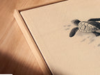 A close-up of a canvas print in a floating frame. The floating frame gives the artwork a modern look. This sea turtle art is perfect for a coastal-themed room. It enhances any space with its calming presence.