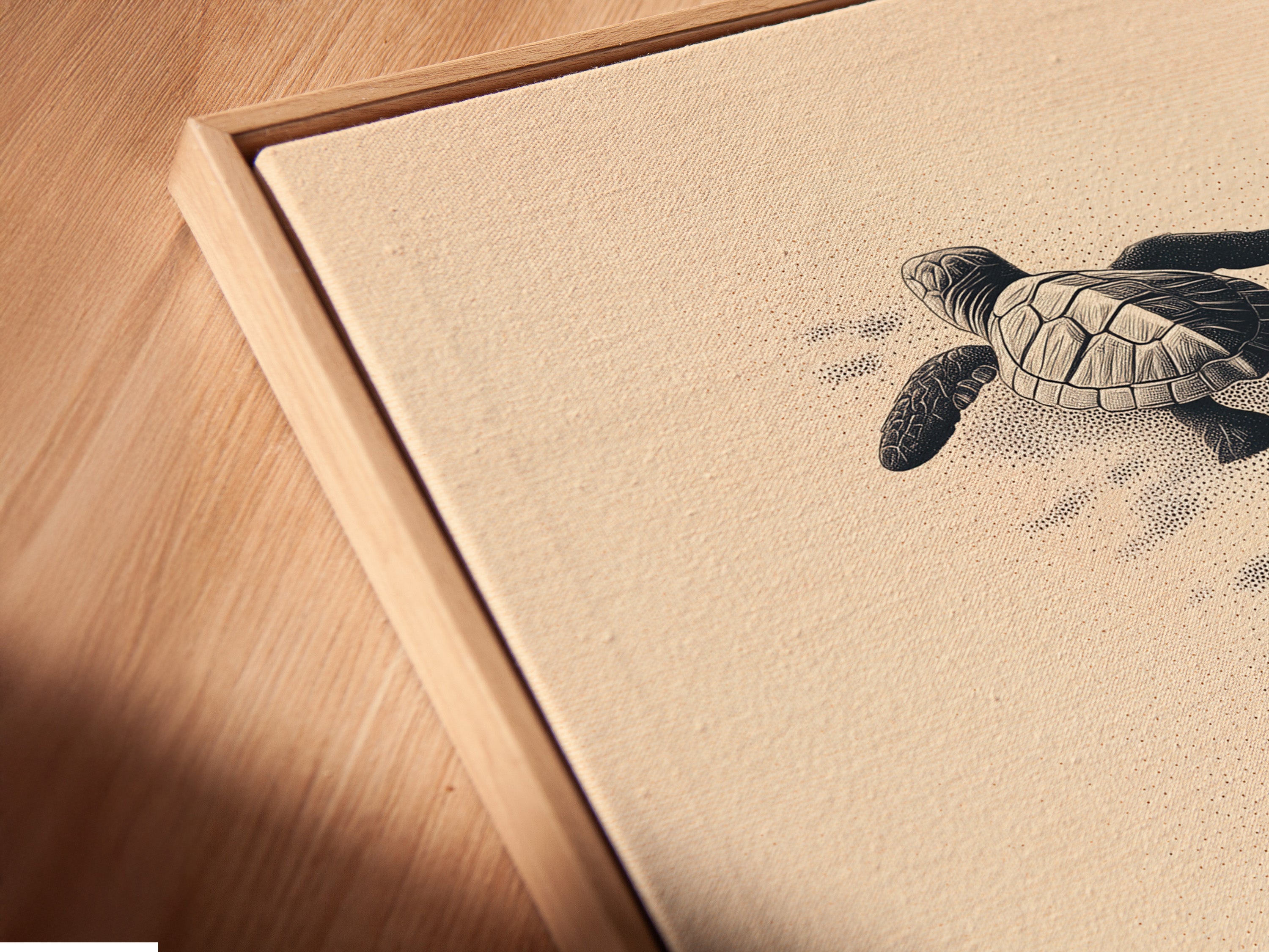 A close-up of a canvas print in a floating frame. The floating frame gives the artwork a modern look. This sea turtle art is perfect for a coastal-themed room. It enhances any space with its calming presence.