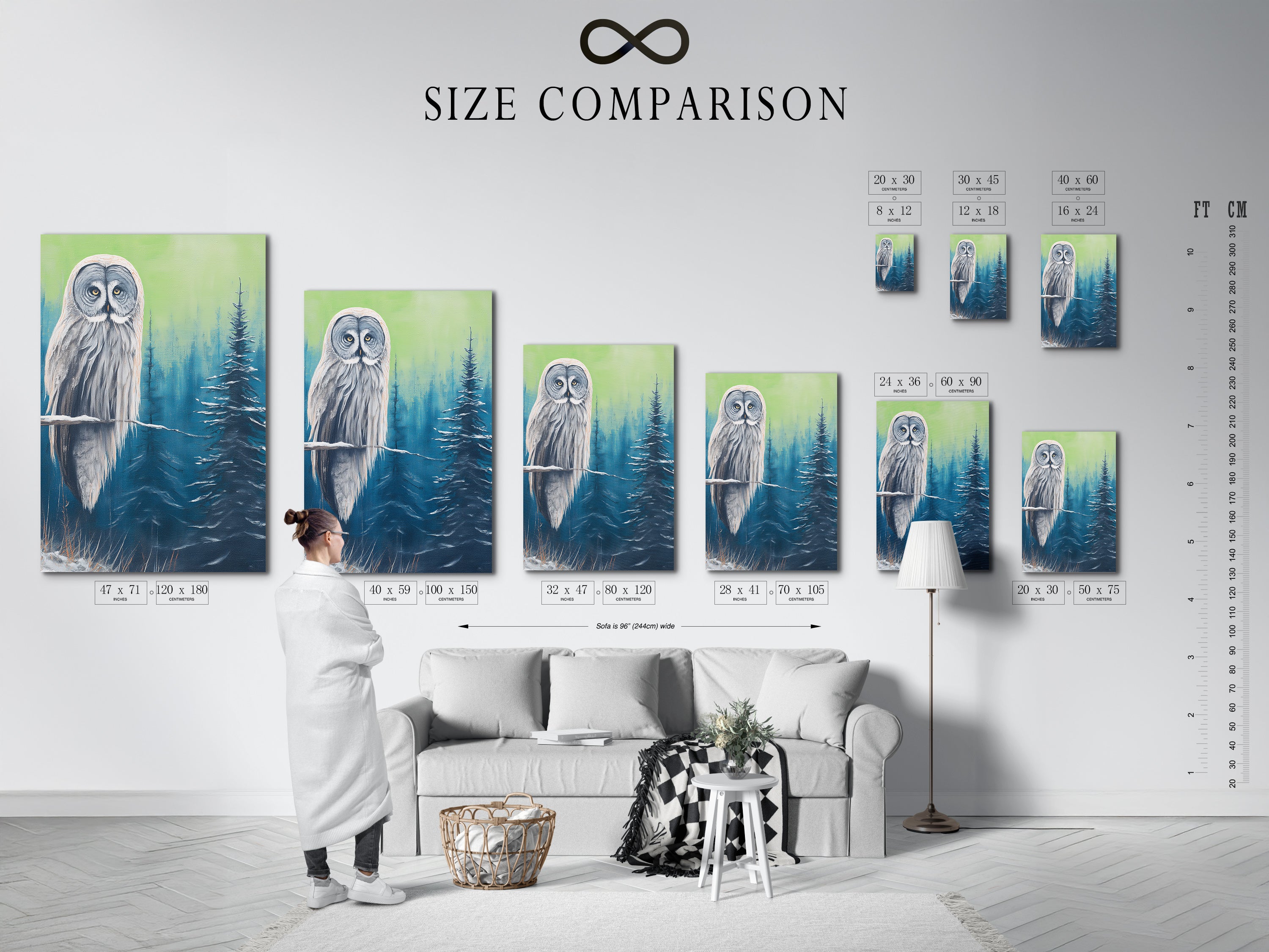 Size comparison chart in an interior setting. See how our owl canvas prints fit in various spaces. Choose the perfect size for your living room wall art. Visualize the impact of this woodland creature artwork.