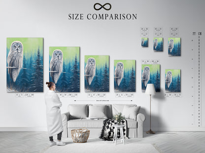 Size comparison chart in an interior setting. See how our owl canvas prints fit in various spaces. Choose the perfect size for your living room wall art. Visualize the impact of this woodland creature artwork.