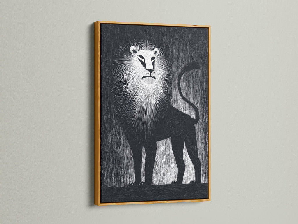 A luxurious lion artwork is displayed in a gold frame. The artwork is elegantly presented. The gold frame adds a touch of opulence. Transform your living space with this eye-catching piece.