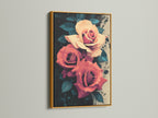 Elevate your space with our Rose Canvas Print. This artwork features peach and coral roses in a gold frame. Discover framed flower artwork. The gold frame adds a touch of luxury. Ideal for adding a touch of botanical beauty to any room