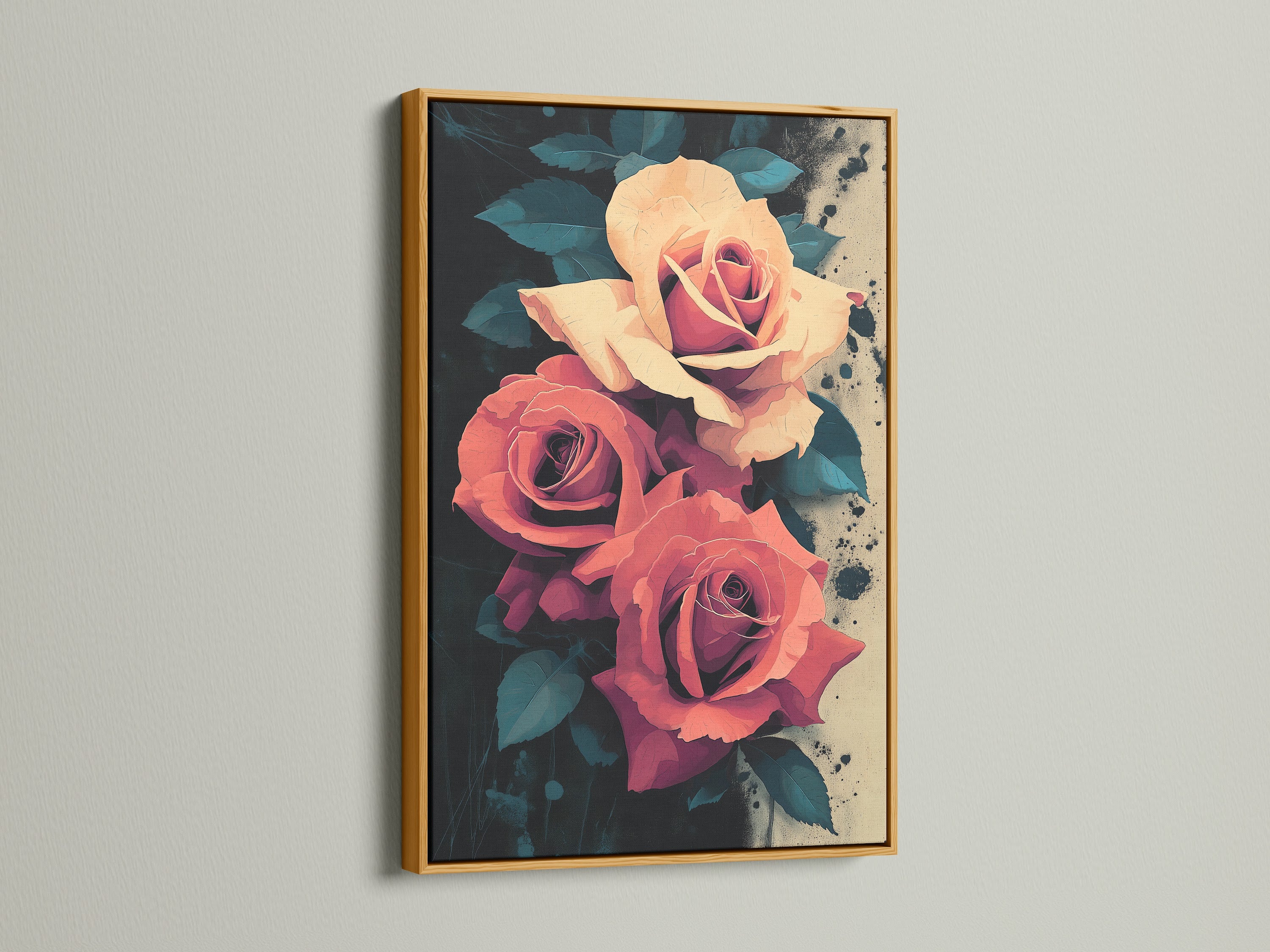 Elevate your space with our Rose Canvas Print. This artwork features peach and coral roses in a gold frame. Discover framed flower artwork. The gold frame adds a touch of luxury. Ideal for adding a touch of botanical beauty to any room