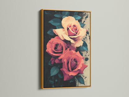 Elevate your space with our Rose Canvas Print. This artwork features peach and coral roses in a gold frame. Discover framed flower artwork. The gold frame adds a touch of luxury. Ideal for adding a touch of botanical beauty to any room