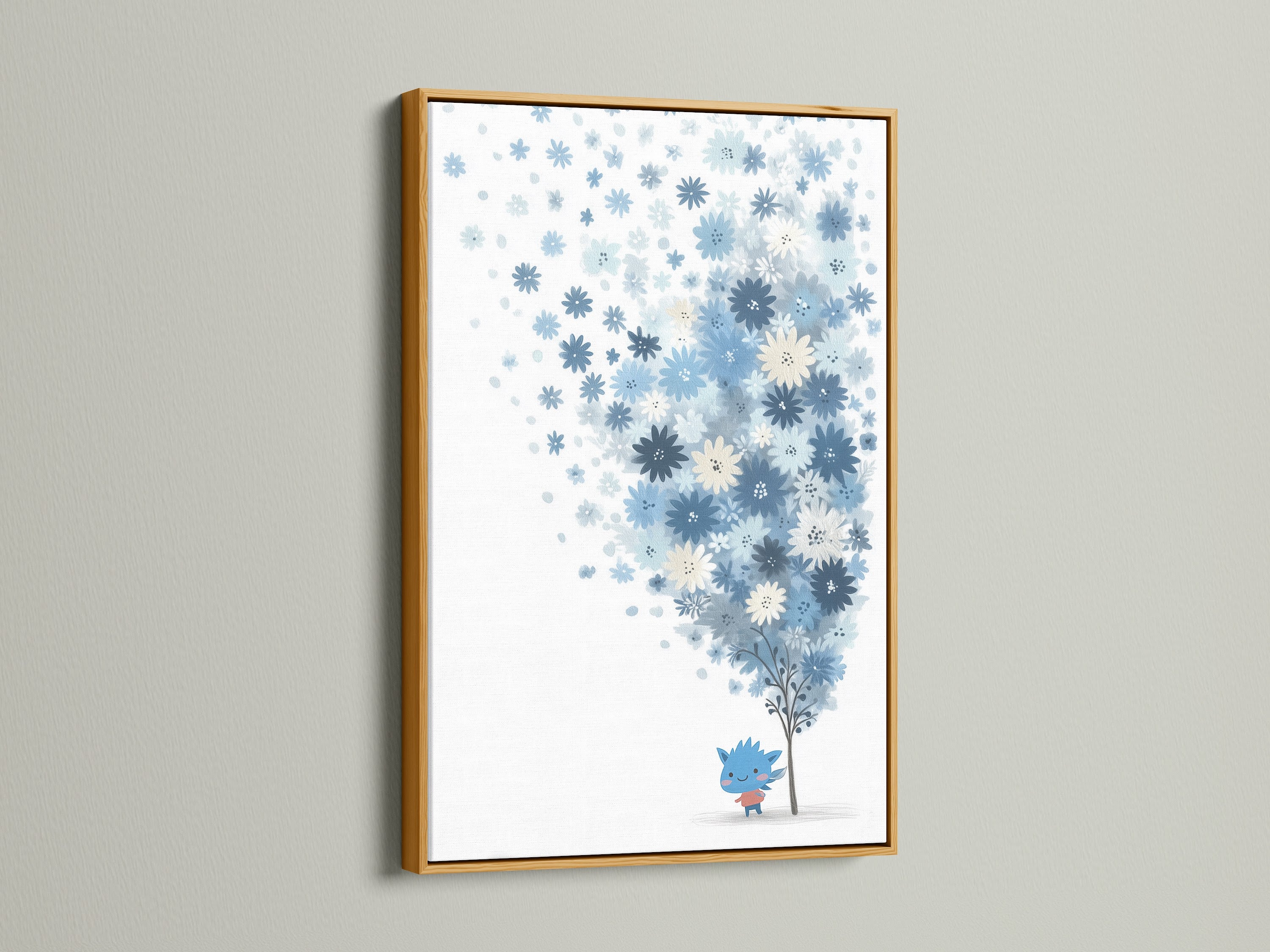 The blue floral canvas print is presented in a luxurious gold frame. The gold enhances the pastel botanical art's charm. This whimsical flower tree art is perfect for nursery decor. It adds a touch of sophistication to a baby room.