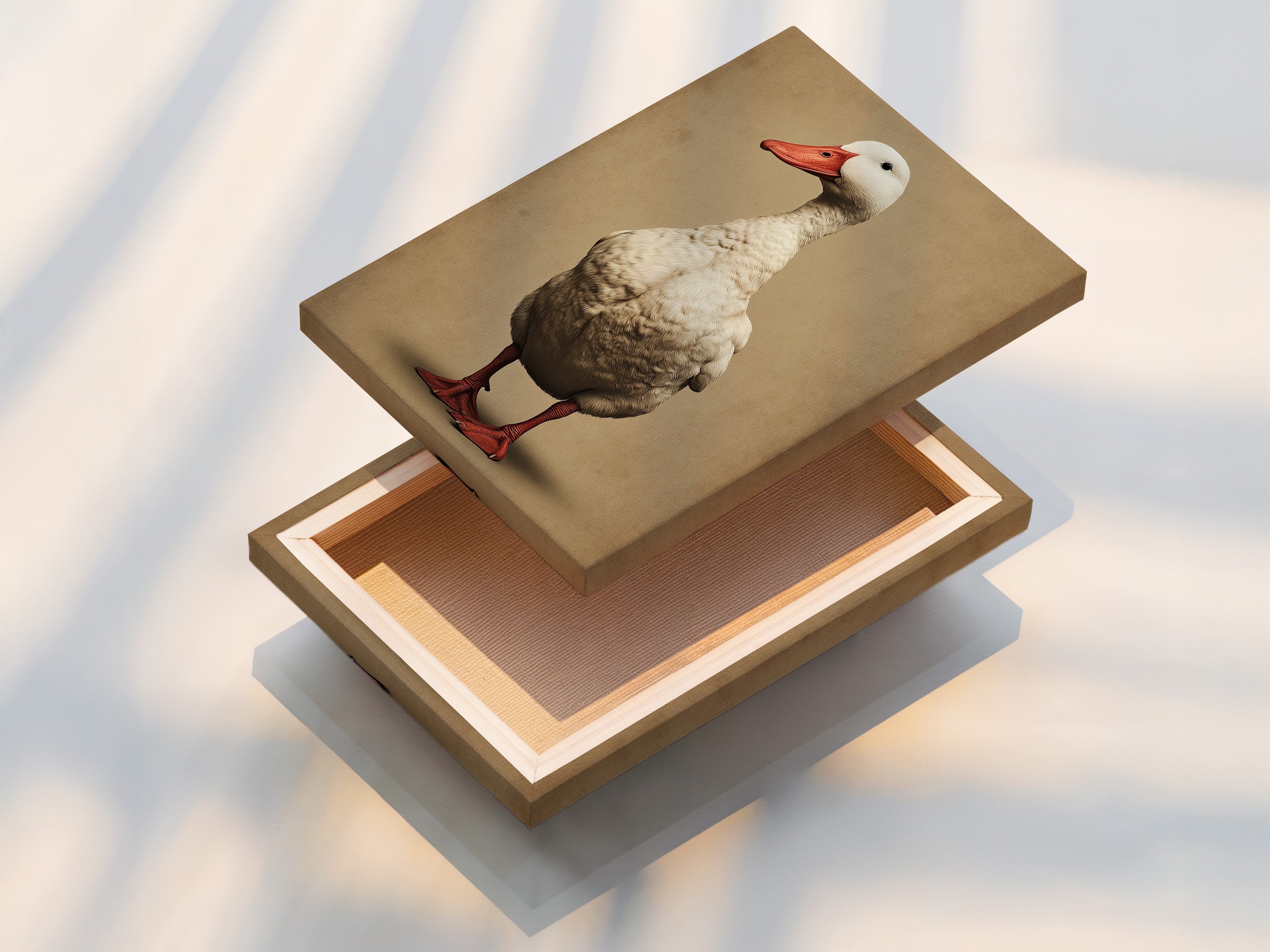 This is a stretched canvas print of vintage duck artwork. It offers a ready-to-hang solution for farmhouse decor. The rustic animal artwork brings a touch of country charm. It's perfect for enhancing your dining room art.