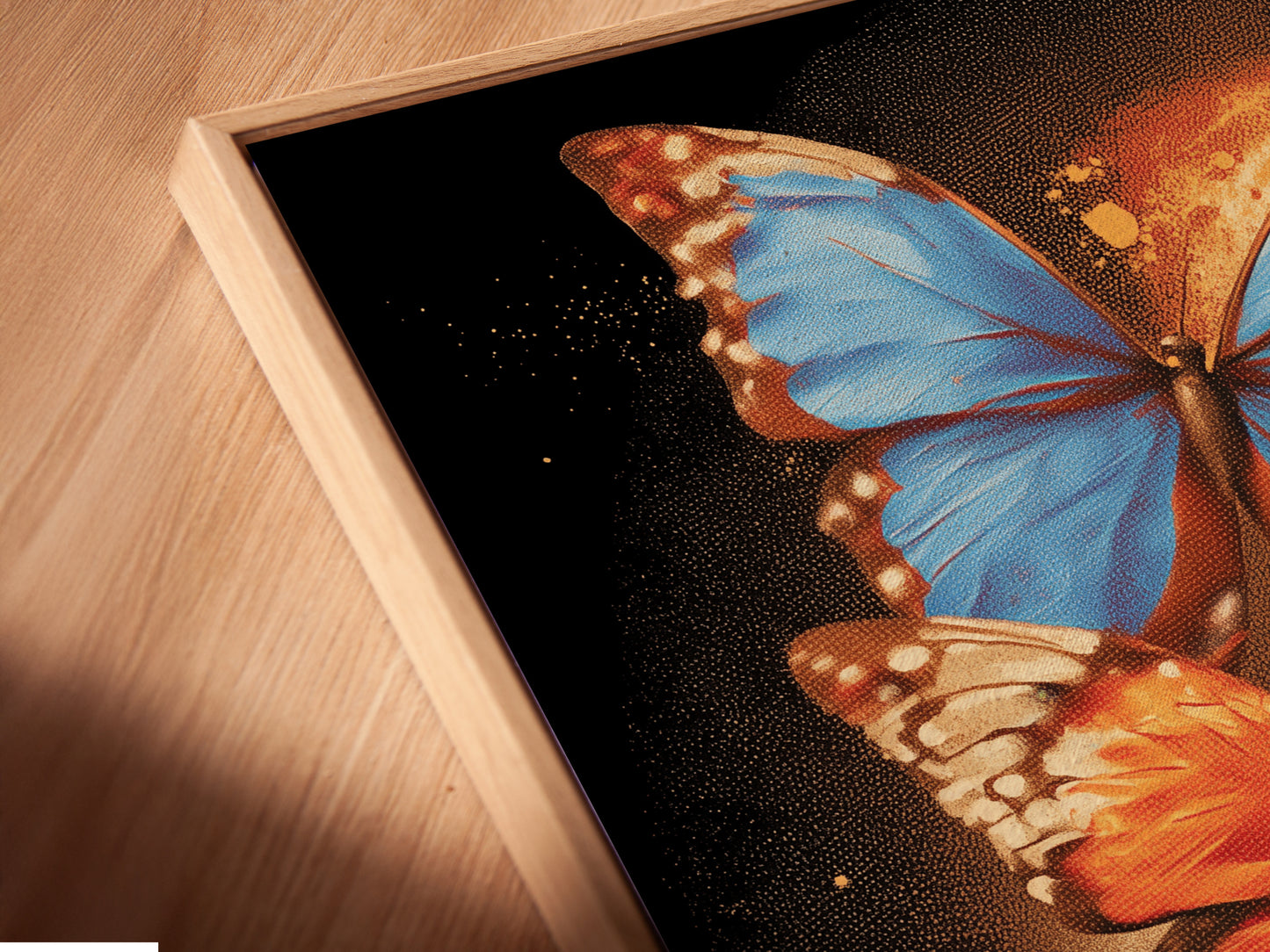 An angled close-up highlights a canvas print in a floating frame. The butterfly artwork appears to hover adding depth. The blue and orange insect print enhances minimalist aesthetics. Perfect for renters seeking elevated wall art.