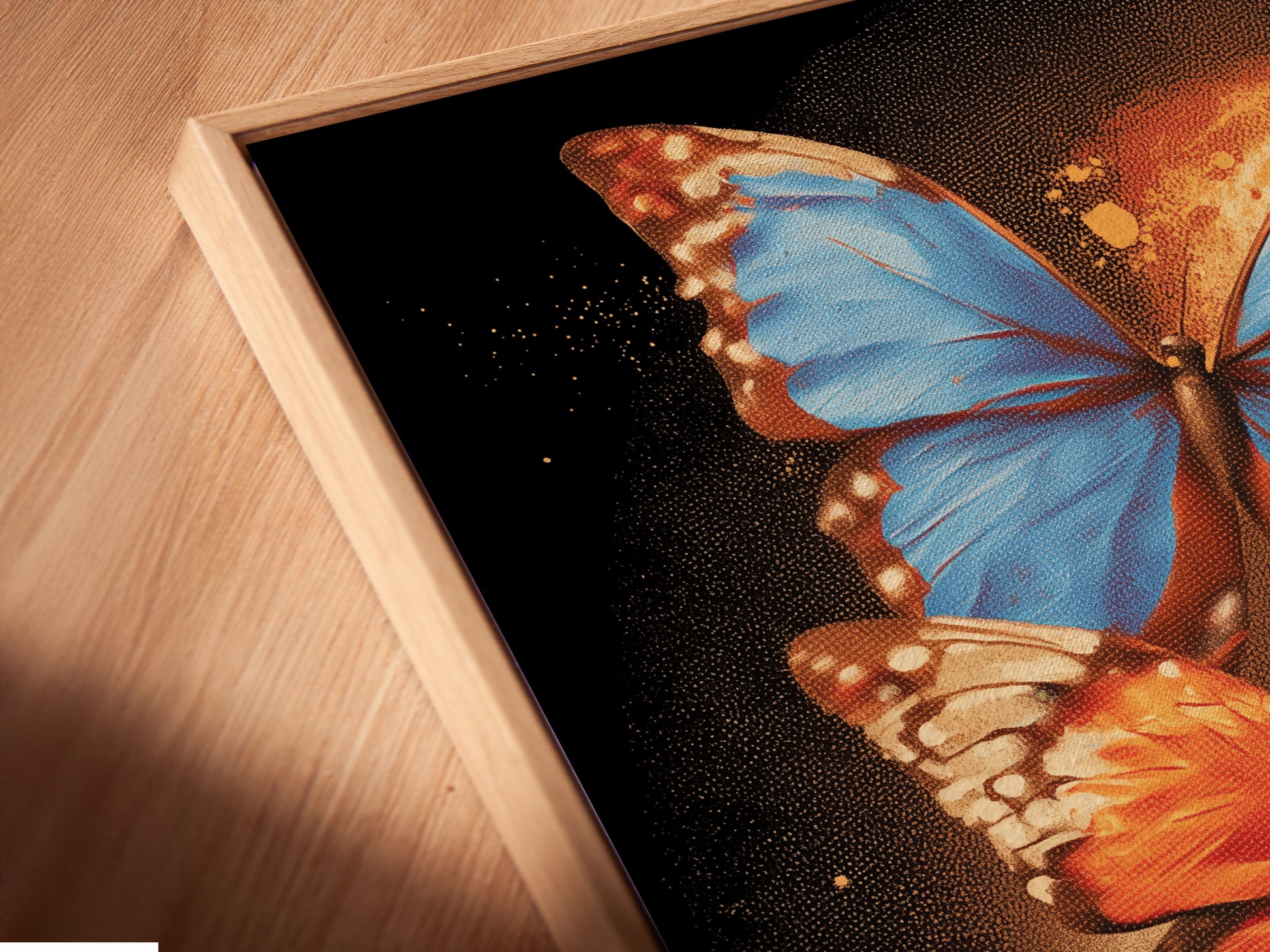 An angled close-up highlights a canvas print in a floating frame. The butterfly artwork appears to hover adding depth. The blue and orange insect print enhances minimalist aesthetics. Perfect for renters seeking elevated wall art.