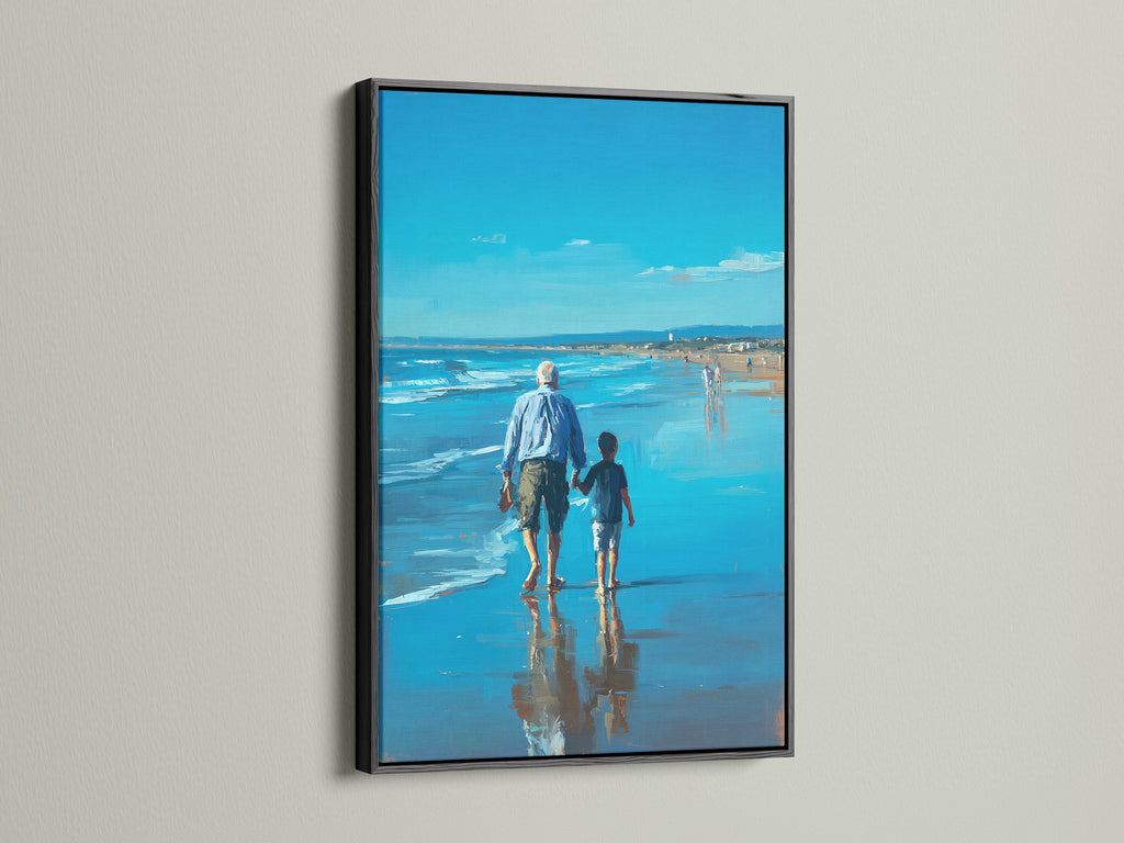 This image features an artwork with a black frame hanging on a wall. The art presents a man and child walking on the beach. The black frame offers a sleek and sophisticated touch. It makes the artwork stand out. This piece adds depth and elegance to any interior.