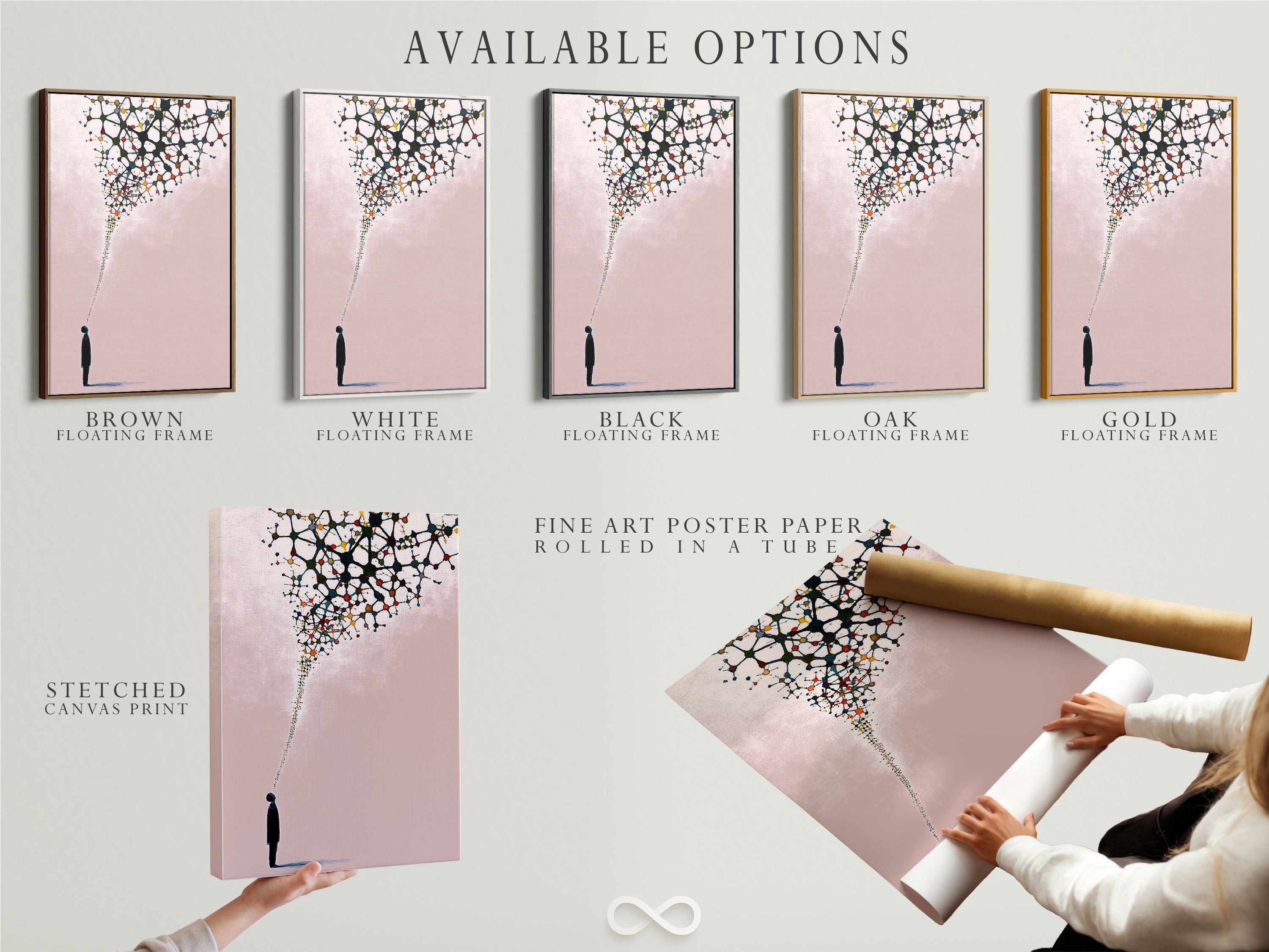 Available options include stretched canvas print fine art poster paper and floating frame. Choose the perfect presentation for your abstract silhouette art. Each option enhances the modern canvas art. Perfect for any contemporary print collection.