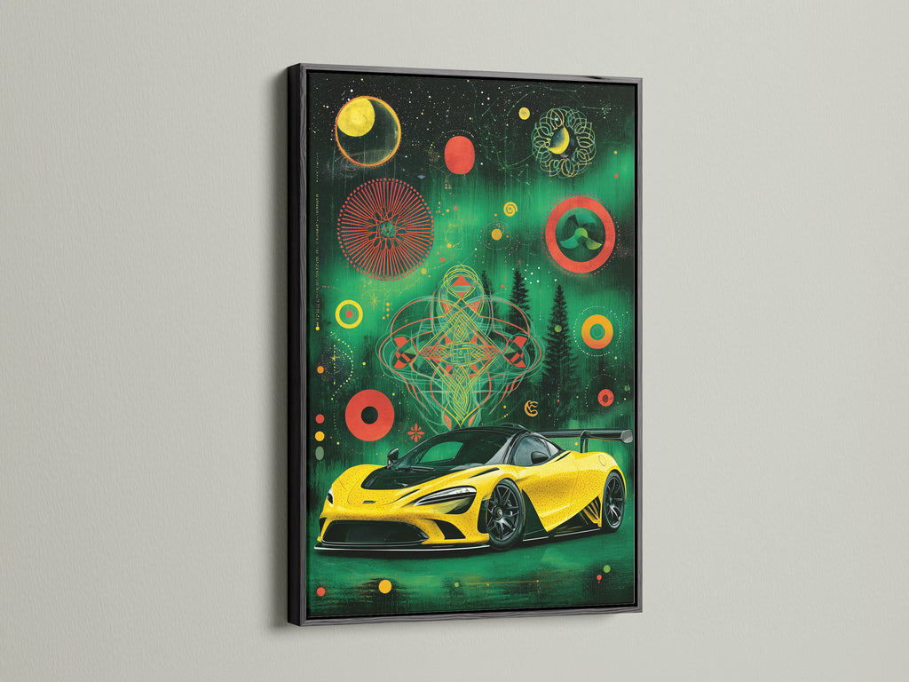 See this sports car canvas art in a black frame. The black frame makes the cosmic geometric wall art pop. A yellow supercar poster is striking. This automotive artwork suits any man cave decor. Discover how a black frame enhances racing car art.