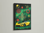See this sports car canvas art in a black frame. The black frame makes the cosmic geometric wall art pop. A yellow supercar poster is striking. This automotive artwork suits any man cave decor. Discover how a black frame enhances racing car art.