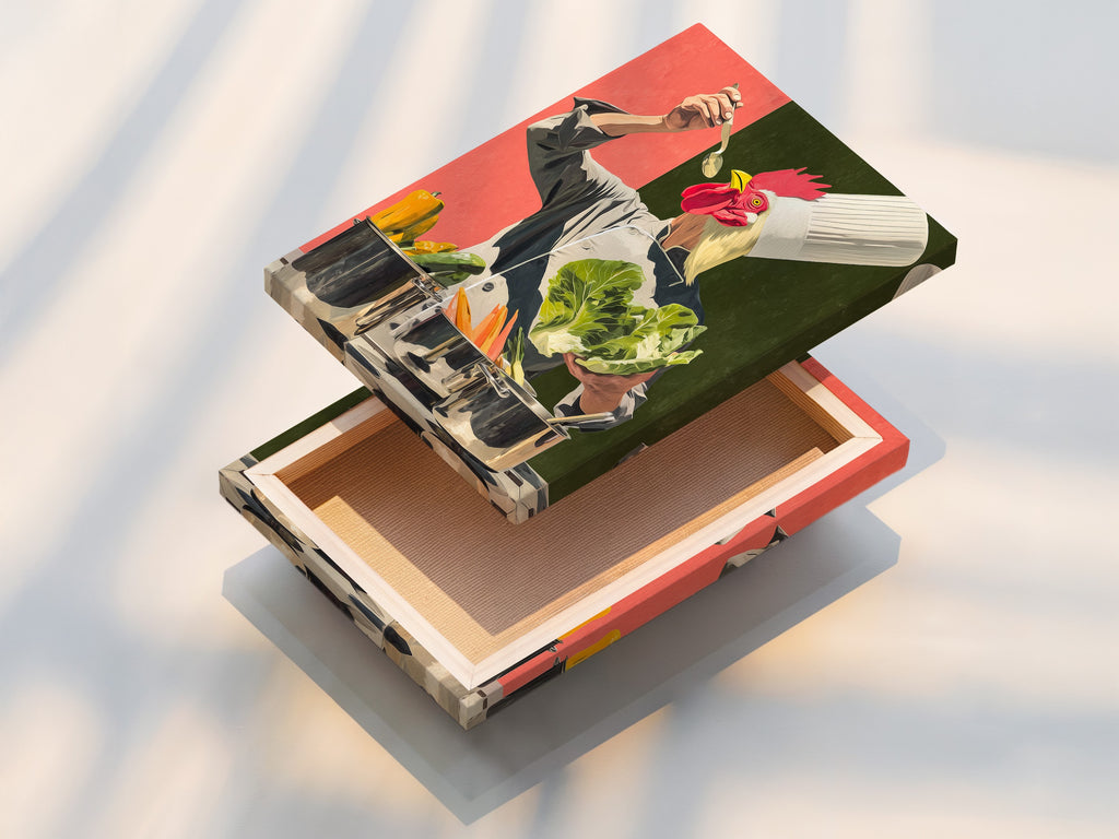 A stretched canvas print of the Chef Rooster artwork. This piece is perfect for adding to your Kitchen SET. It is also great for dining areas. The contemporary style adds flair. The primary color is red. The secondary color is green. This canvas print is a fun addition.