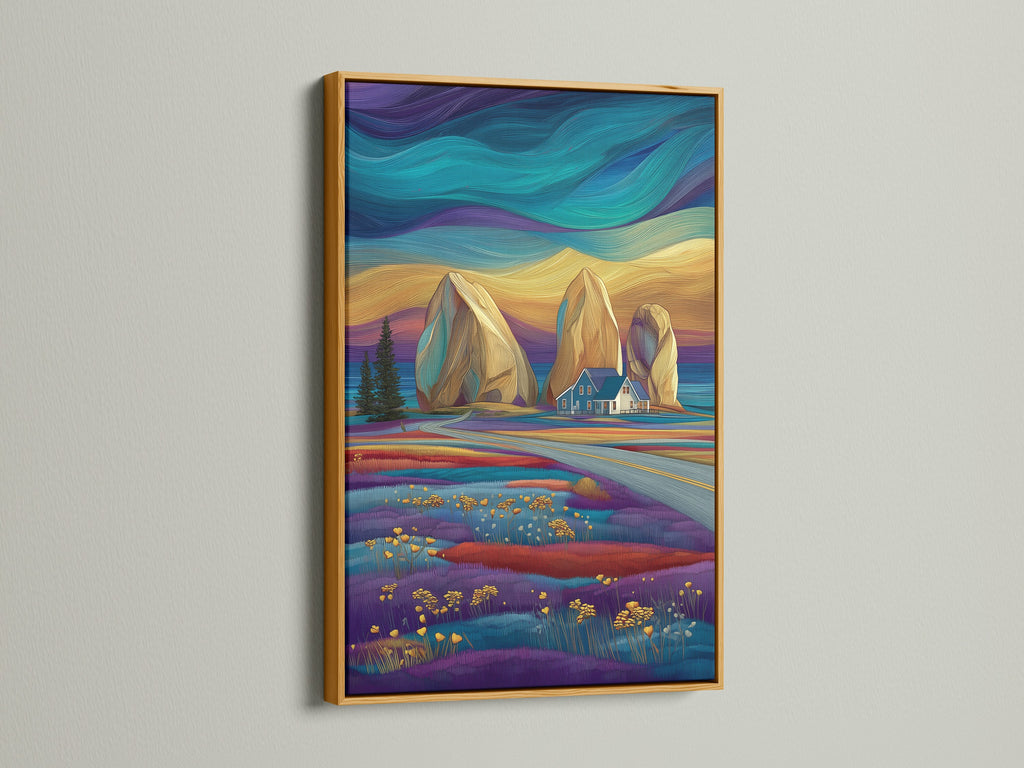 Stylized seascape artwork in a gold frame. The teal purple art brings a touch of modern coastal style. Ideal for coastal home decor. The landscape canvas adds elegance to any room.
