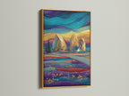 Stylized seascape artwork in a gold frame. The teal purple art brings a touch of modern coastal style. Ideal for coastal home decor. The landscape canvas adds elegance to any room.