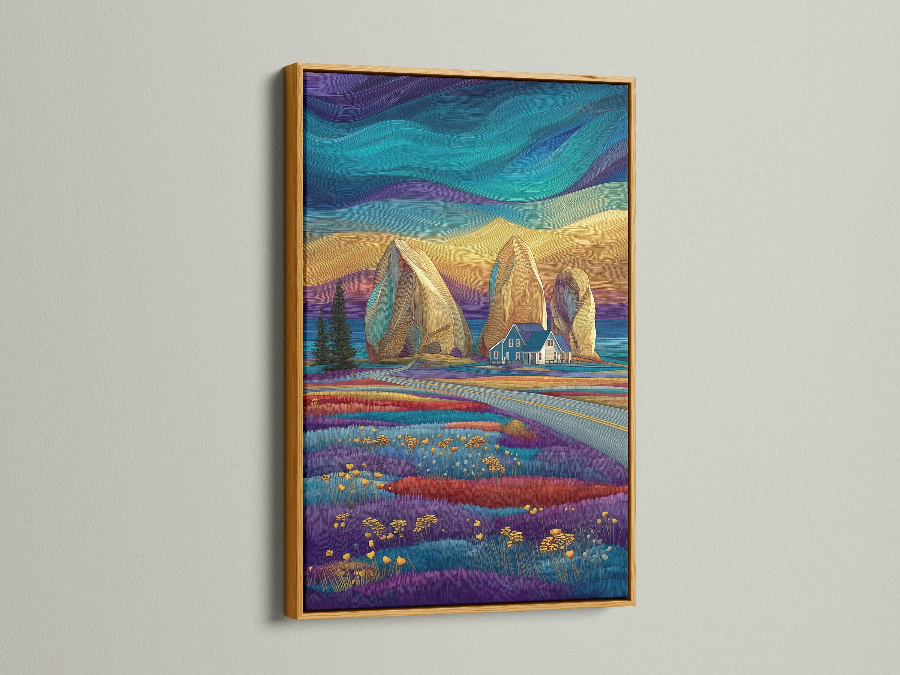 Stylized seascape artwork in a gold frame. The teal purple art brings a touch of modern coastal style. Ideal for coastal home decor. The landscape canvas adds elegance to any room.