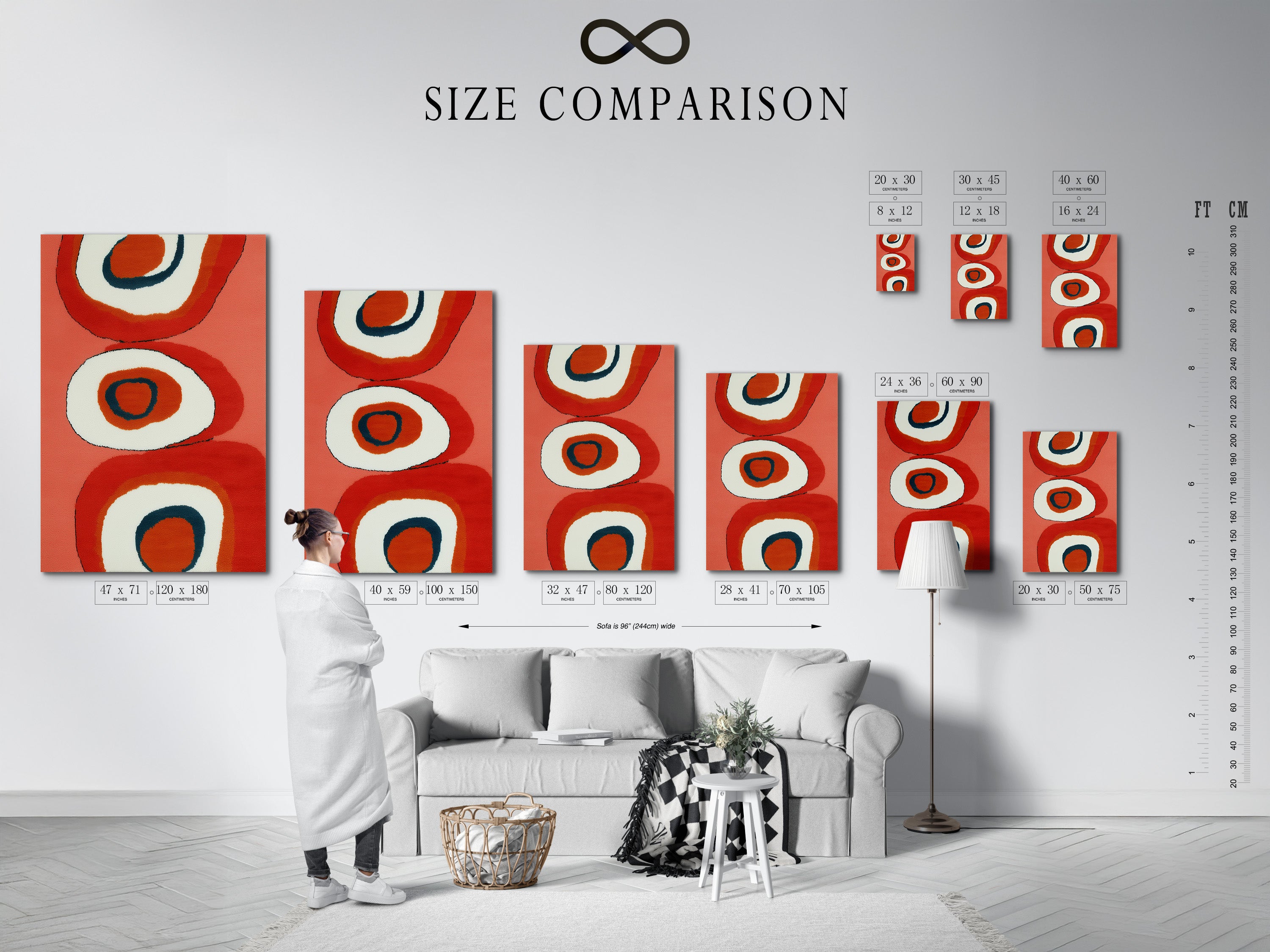 See how this mid-century abstract canvas art fits in your space. This size comparison chart shows the artwork in an interior setting. Visualize the retro orange geometric print in your living room or office. Find the perfect fit for your decor.