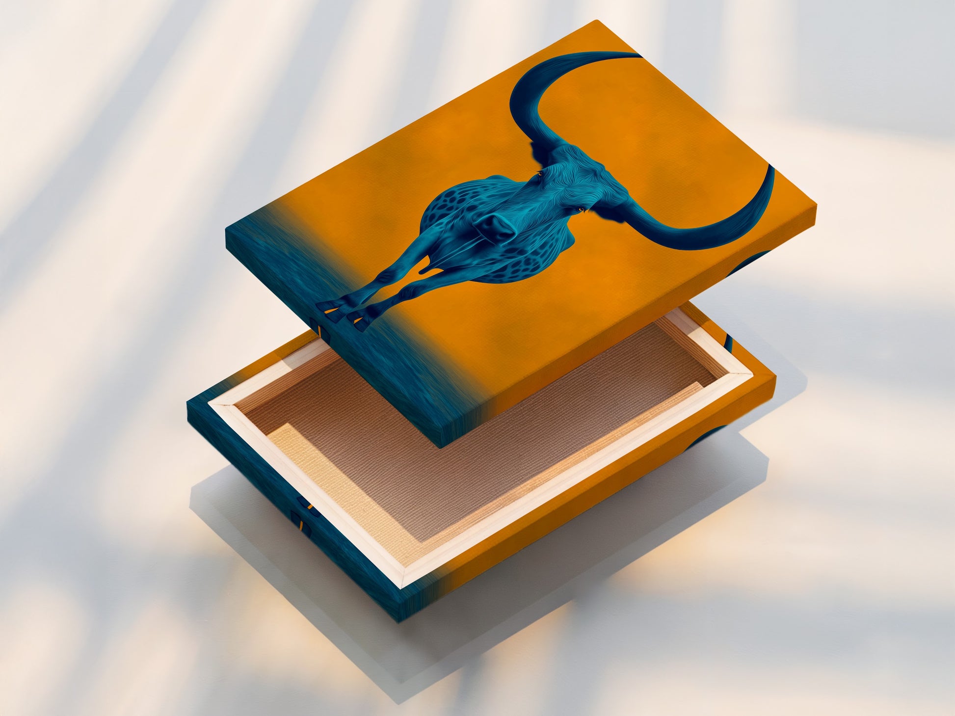 This is a beautifully stretched canvas print. The longhorn art showcases a teal blue bull. The canvas adds texture and depth to the artwork. It is ready to hang and enjoy in your home or office. This modern farmhouse artwork is a stylish choice.