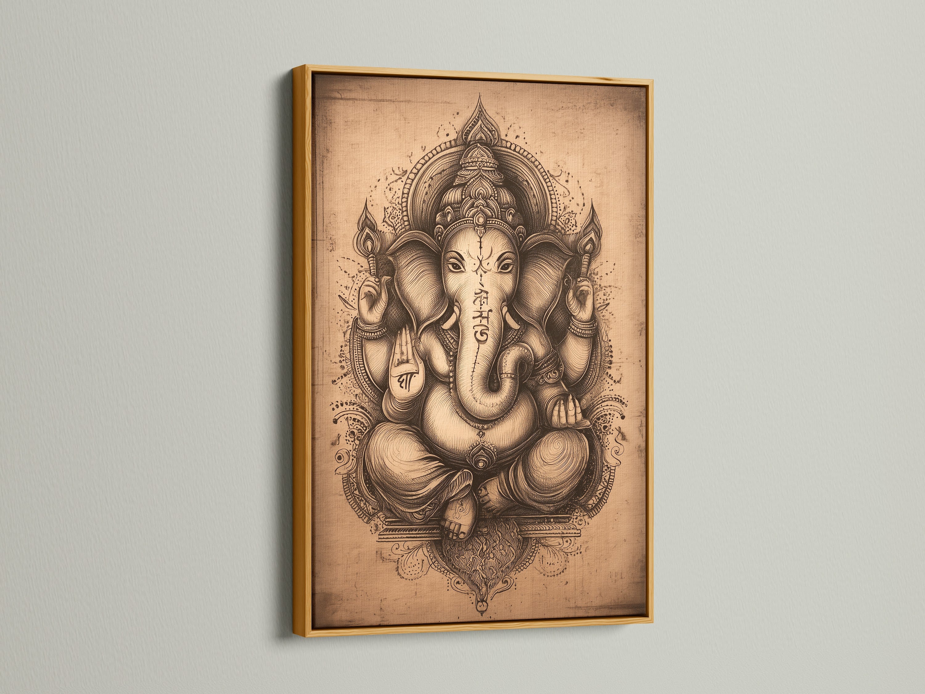 Ganesha Wall Art in a luxurious gold frame. This Hindu canvas print of the Elephant God adds a touch of elegance. Ideal for spiritual artwork in a meditation room or as zen wall art. A radiant piece.