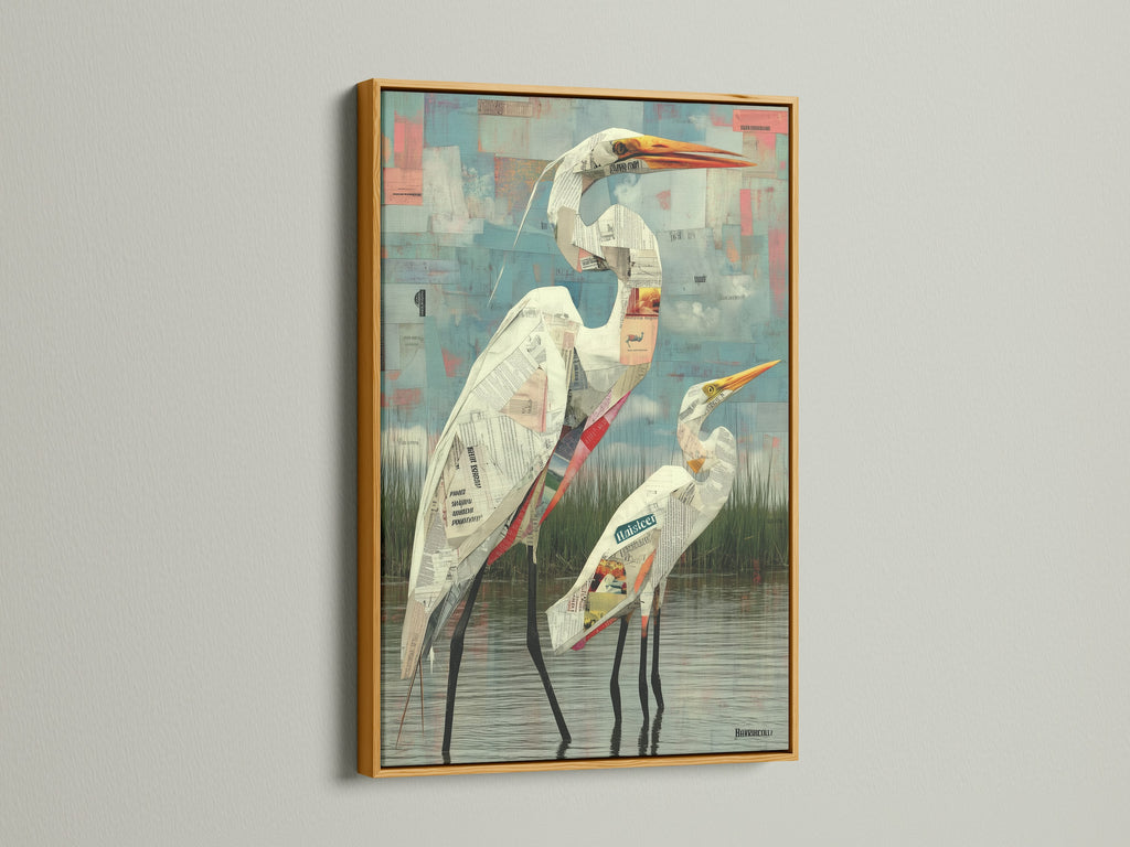 View heron artwork in a gold frame. This bird canvas offers a touch of elegance. A modern print enhances your decor. Complements eclectic styles. The gold frame brings warmth and luxury.