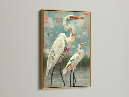 View heron artwork in a gold frame. This bird canvas offers a touch of elegance. A modern print enhances your decor. Complements eclectic styles. The gold frame brings warmth and luxury.
