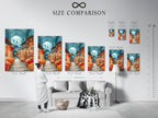 A size comparison chart in an interior setting. See how the Spice Market artwork fits in your space. Visualize the impact of this teal and red bazaar canvas. Choose the perfect size for your wall.