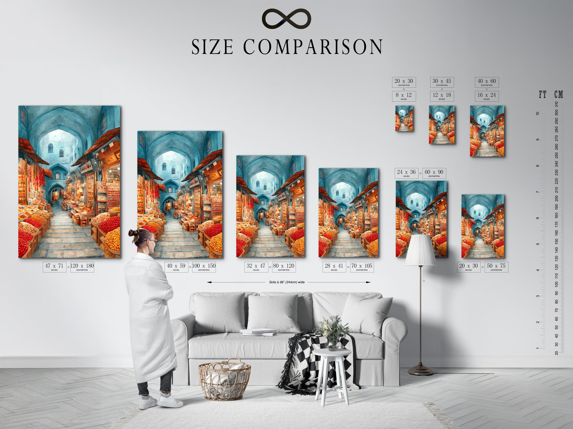 A size comparison chart in an interior setting. See how the Spice Market artwork fits in your space. Visualize the impact of this teal and red bazaar canvas. Choose the perfect size for your wall.