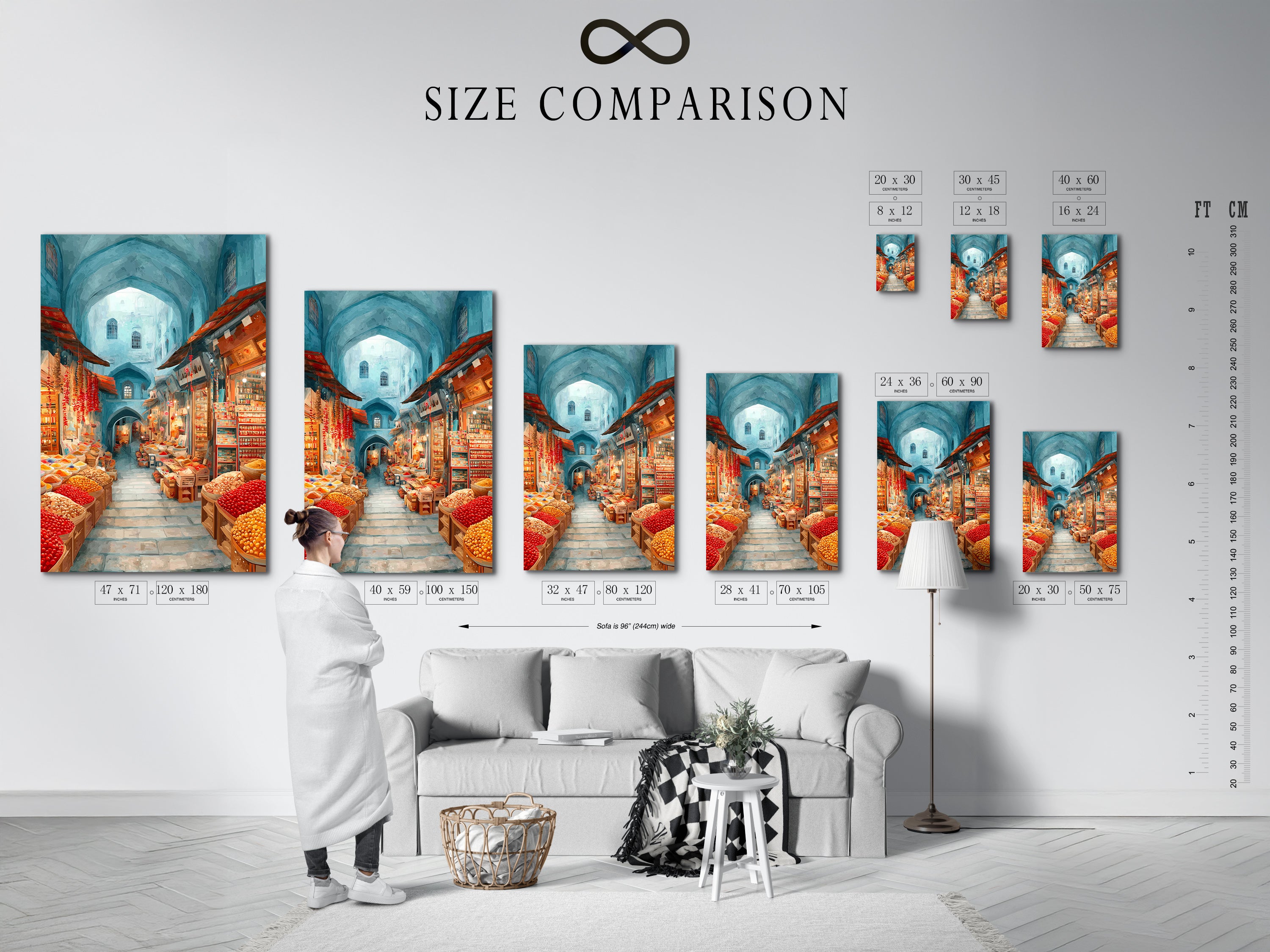 A size comparison chart in an interior setting. See how the Spice Market artwork fits in your space. Visualize the impact of this teal and red bazaar canvas. Choose the perfect size for your wall.