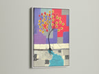 Abstract Tree art in a white frame. The white frame provides a clean contrast to the colorful artwork. This modern wall art is perfect for urban artistic aesthetics. The geometric canvas adds a vibrant touch with teal red and purple colors. Enhance your office or living room with this piece.