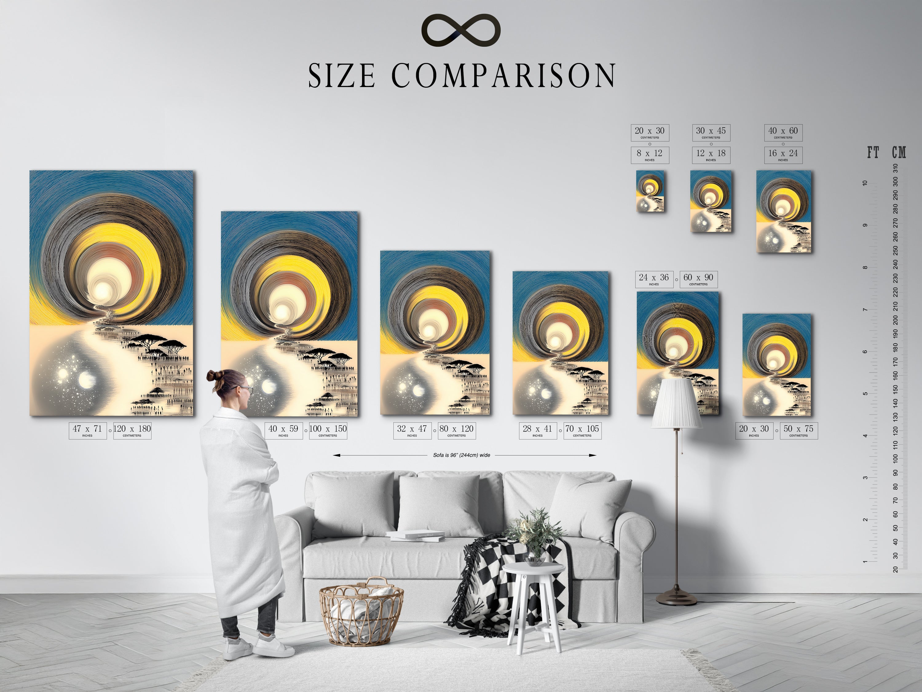 Size comparison chart displayed in an interior setting. Chart helps visualize artwork dimensions in a room. Find the perfect size for your space. A size chart helps ensure the artwork fits. See how different sizes transform a living room. Perfect for renters.