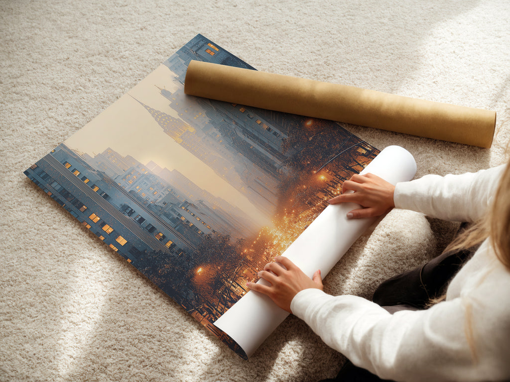 A woman is carefully rolling a fine art poster paper. Preparing a city street artwork for display. The urban skyline print ready to enhance any room. Perfect for homeowners or renters.