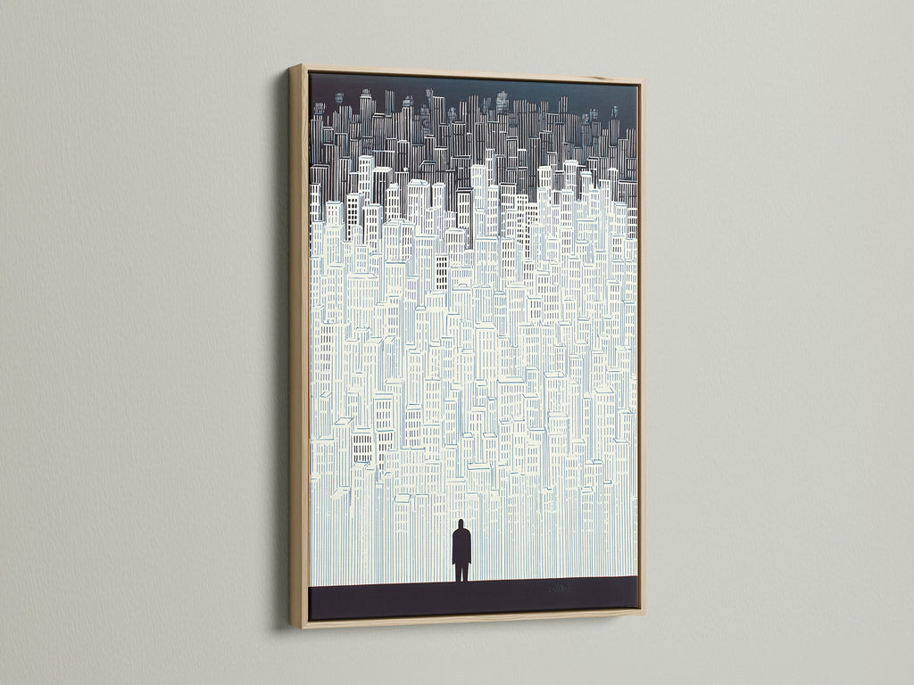 A captivating cityscape artwork is presented in an oak frame. The frame enhances the artwork's minimalist appeal. Ideal for modern homes and offices. This building print brings an urban touch. A perfect addition to any contemporary space.