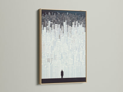 A captivating cityscape artwork is presented in an oak frame. The frame enhances the artwork's minimalist appeal. Ideal for modern homes and offices. This building print brings an urban touch. A perfect addition to any contemporary space.