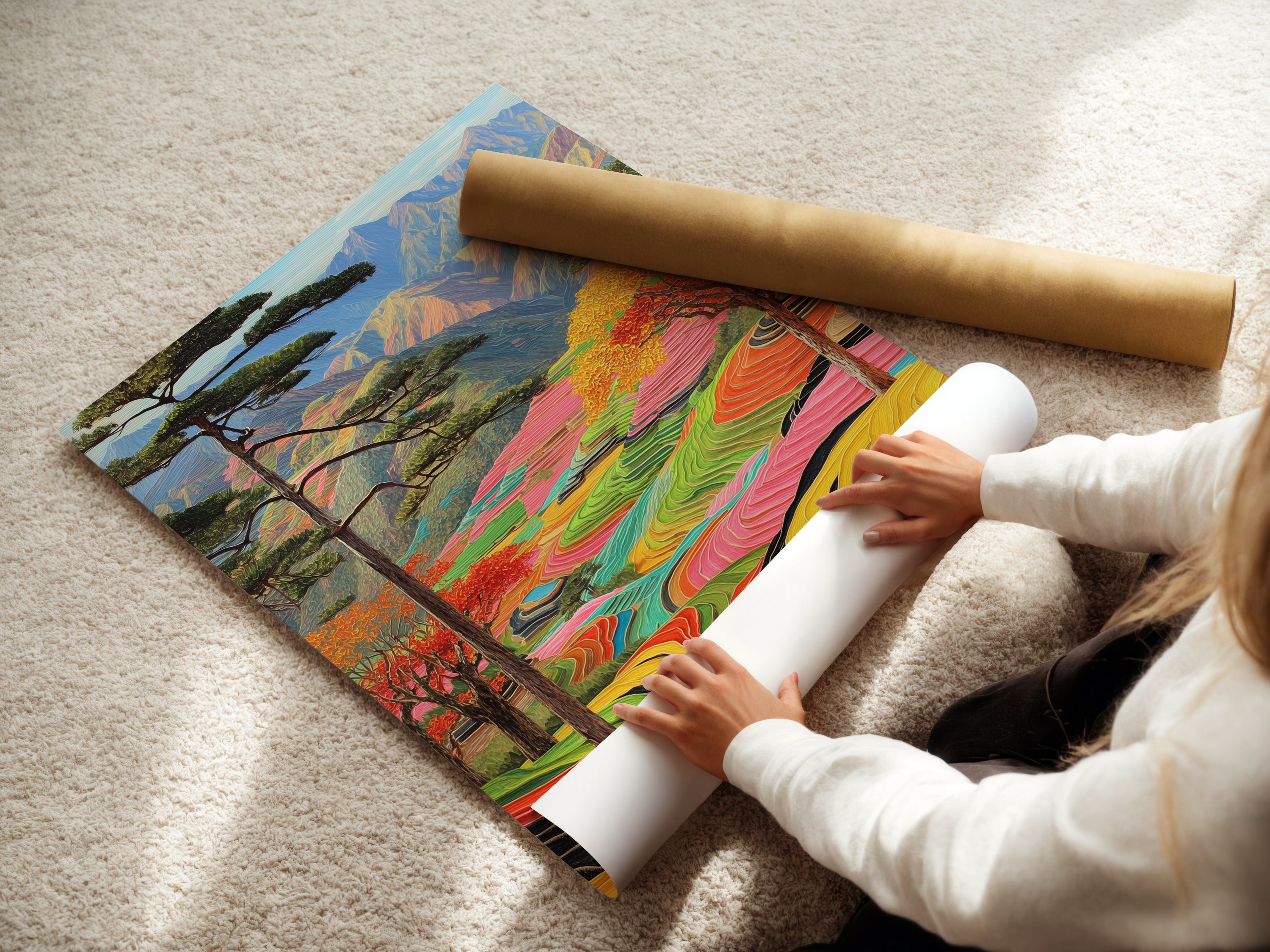 A woman rolls a fine art poster paper. High-quality material ensures the best print. The poster paper captures the artwork's vibrant colors. Perfect for nature wall art and scenic art.