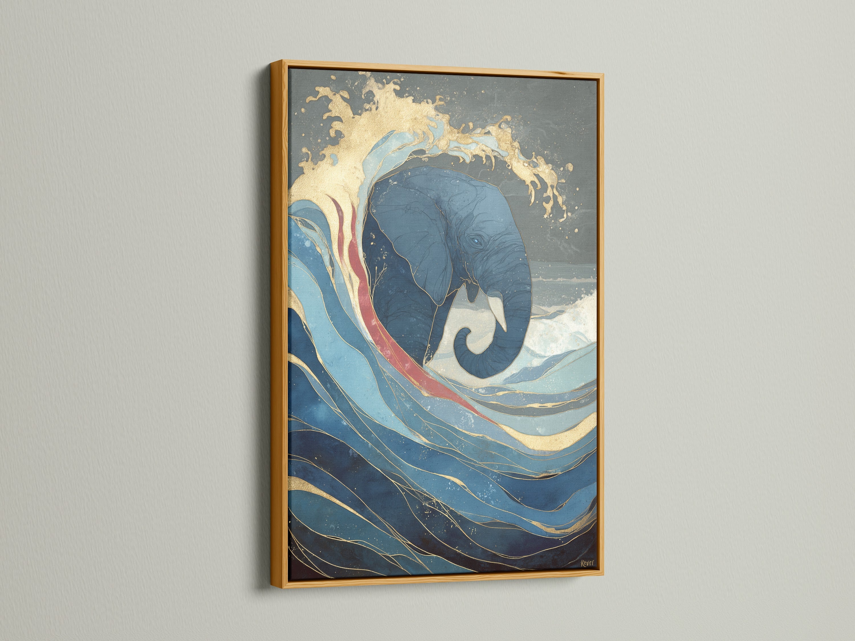 An eye-catching blue and gold elephant artwork in a gold frame. This asian inspired art would add a tropical feel to your living room bedroom or office. A great choice for spas and retreats. Consider this ocean wave print today.