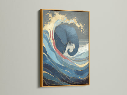 An eye-catching blue and gold elephant artwork in a gold frame. This asian inspired art would add a tropical feel to your living room bedroom or office. A great choice for spas and retreats. Consider this ocean wave print today.