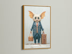 A monster travel art print is framed in a luxurious gold frame. The artwork shows a cute monster in a suit holding suitcases. It's perfect for adding a touch of elegance to kids' rooms. This whimsical art piece brings a sophisticated oddity to your decor. A unique gift.