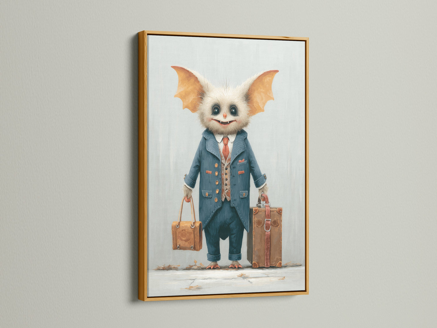 A monster travel art print is framed in a luxurious gold frame. The artwork shows a cute monster in a suit holding suitcases. It's perfect for adding a touch of elegance to kids' rooms. This whimsical art piece brings a sophisticated oddity to your decor. A unique gift.