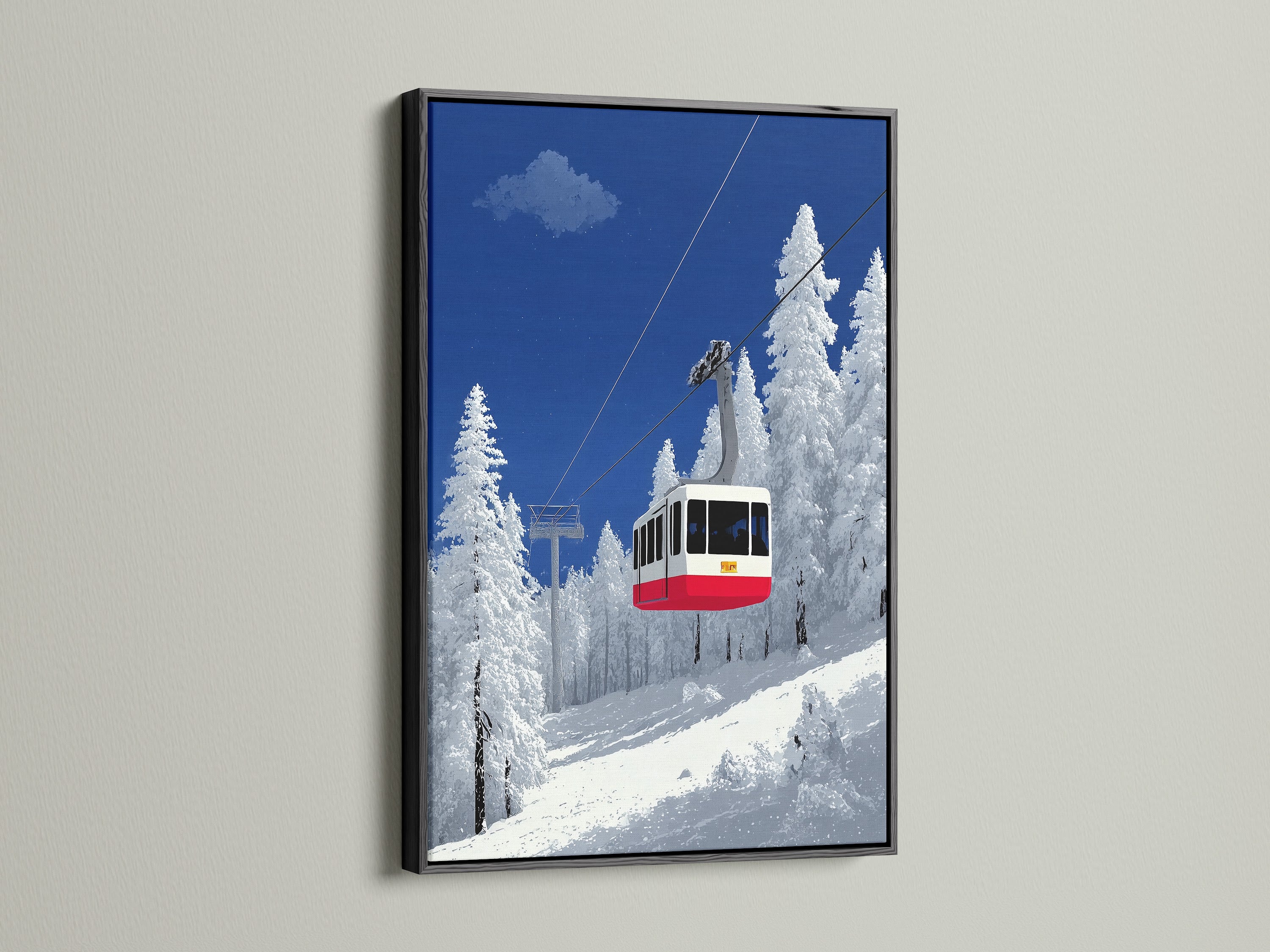 A black frame highlights this ski lift artwork. It features a winter mountain landscape. An alpine cable car is central to the piece. Ideal for cabin decor the snowy scene adds a touch of winter. The black frame provides a bold contrast. It makes the blue and white colors pop in any room.