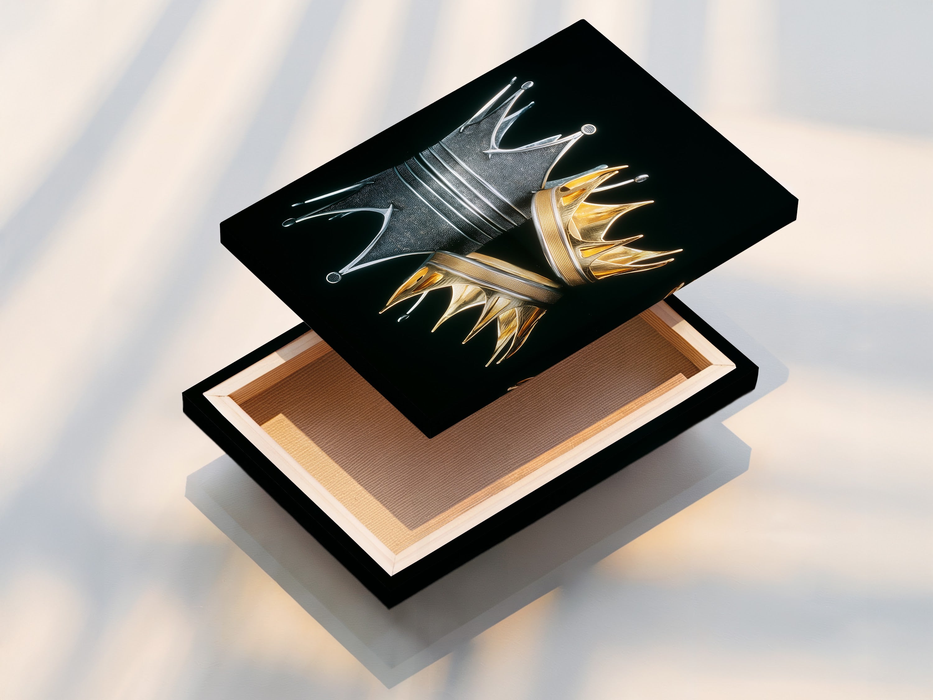 This is a stretched canvas print of the Crowns artwork. Showcasing gold and silver royal crowns in vivid detail. Ready to hang and instantly elevate any space. Ideal for living room bedroom or office wall art. Explore modern artwork now.