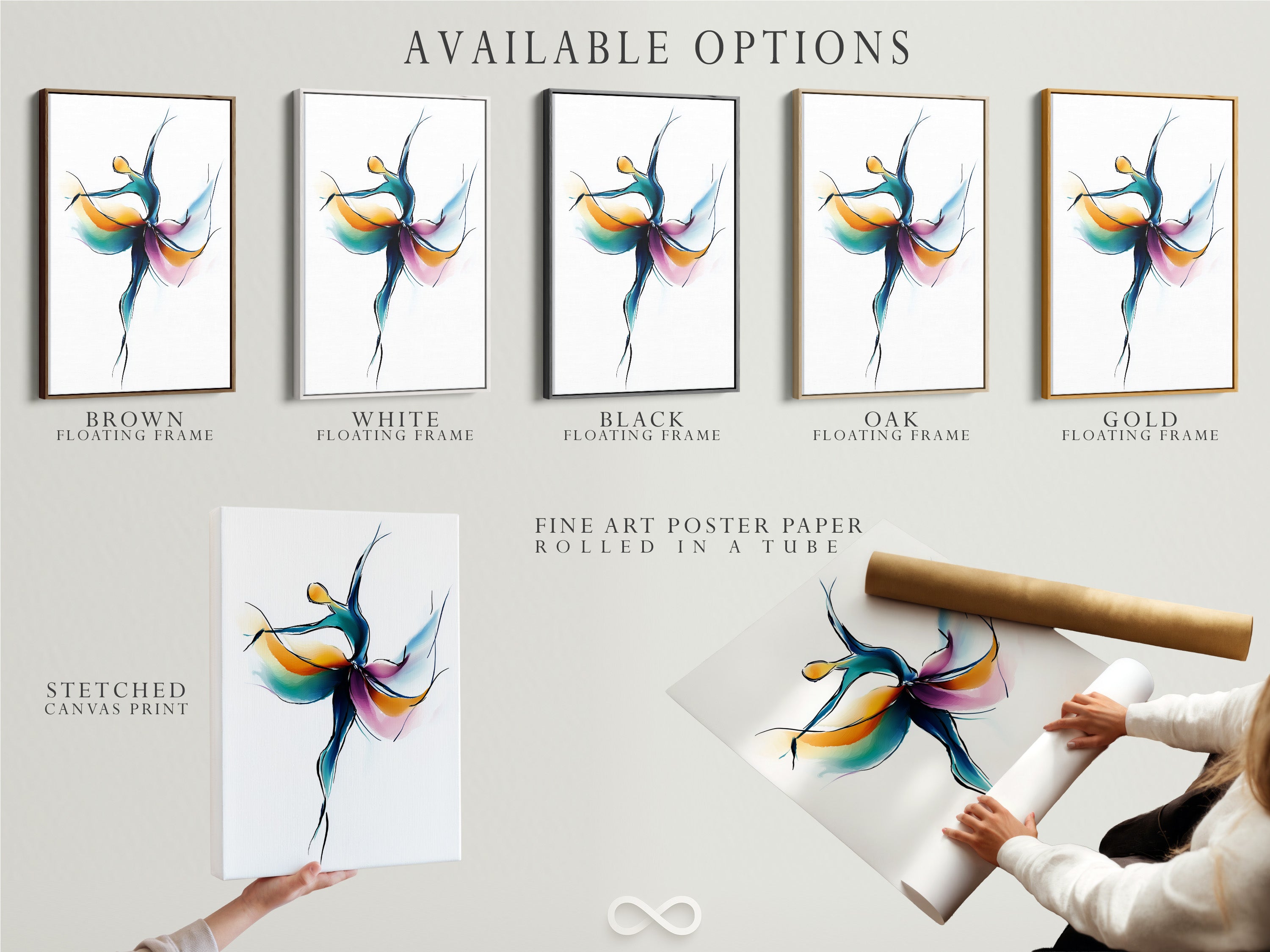 Available options for the Abstract Dancer artwork include stretched canvas print fine art poster paper and floating frame. Choose the perfect style to match your decor. It is ideal for any art collector.