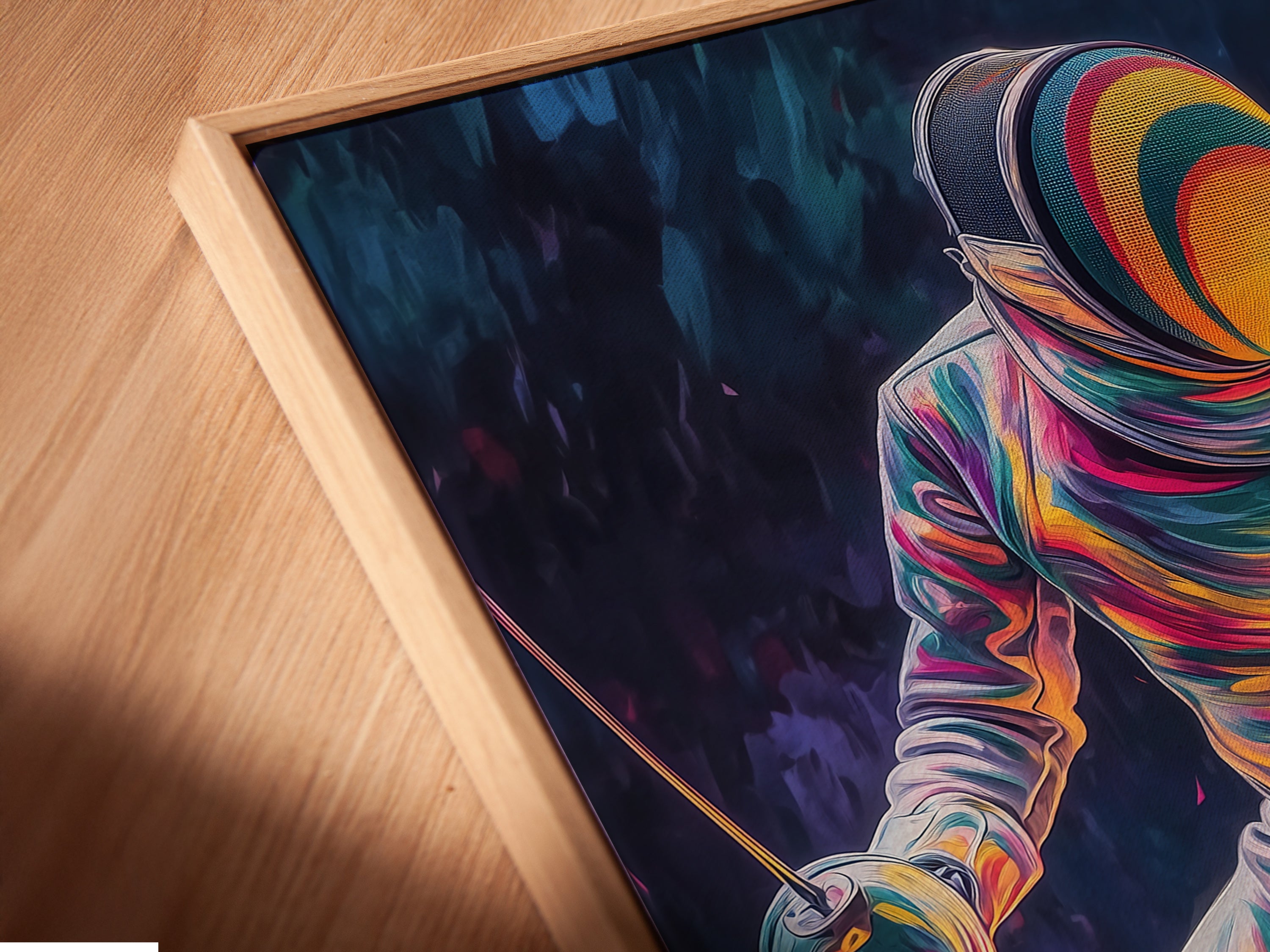 A close-up angled view reveals the canvas print in a floating frame. The fencer artwork gains depth and dimension. This framing style enhances the modern art print. Perfect for adding a contemporary touch to your decor. Showcase your athletic spirit.