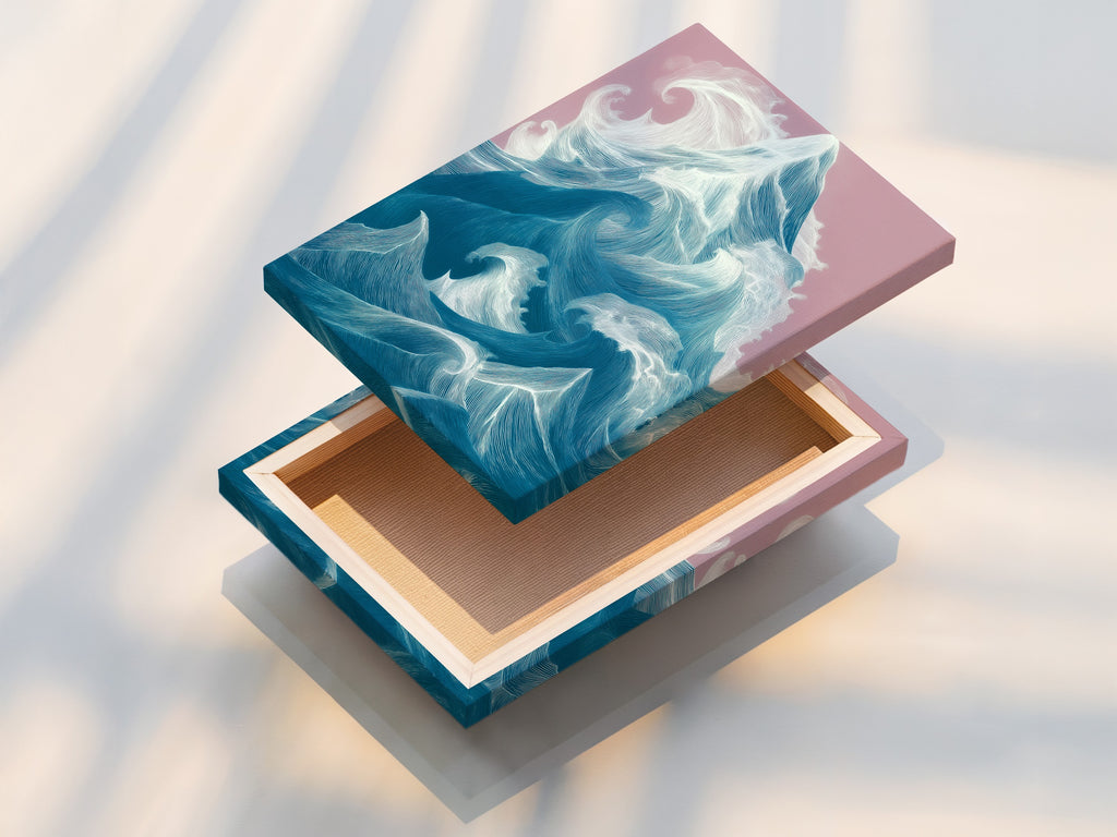 A stretched canvas print of ocean wave art. Ready to hang and instantly transform your space. The canvas texture enhances the artwork's depth and vibrancy. Perfect for adding a modern coastal touch.