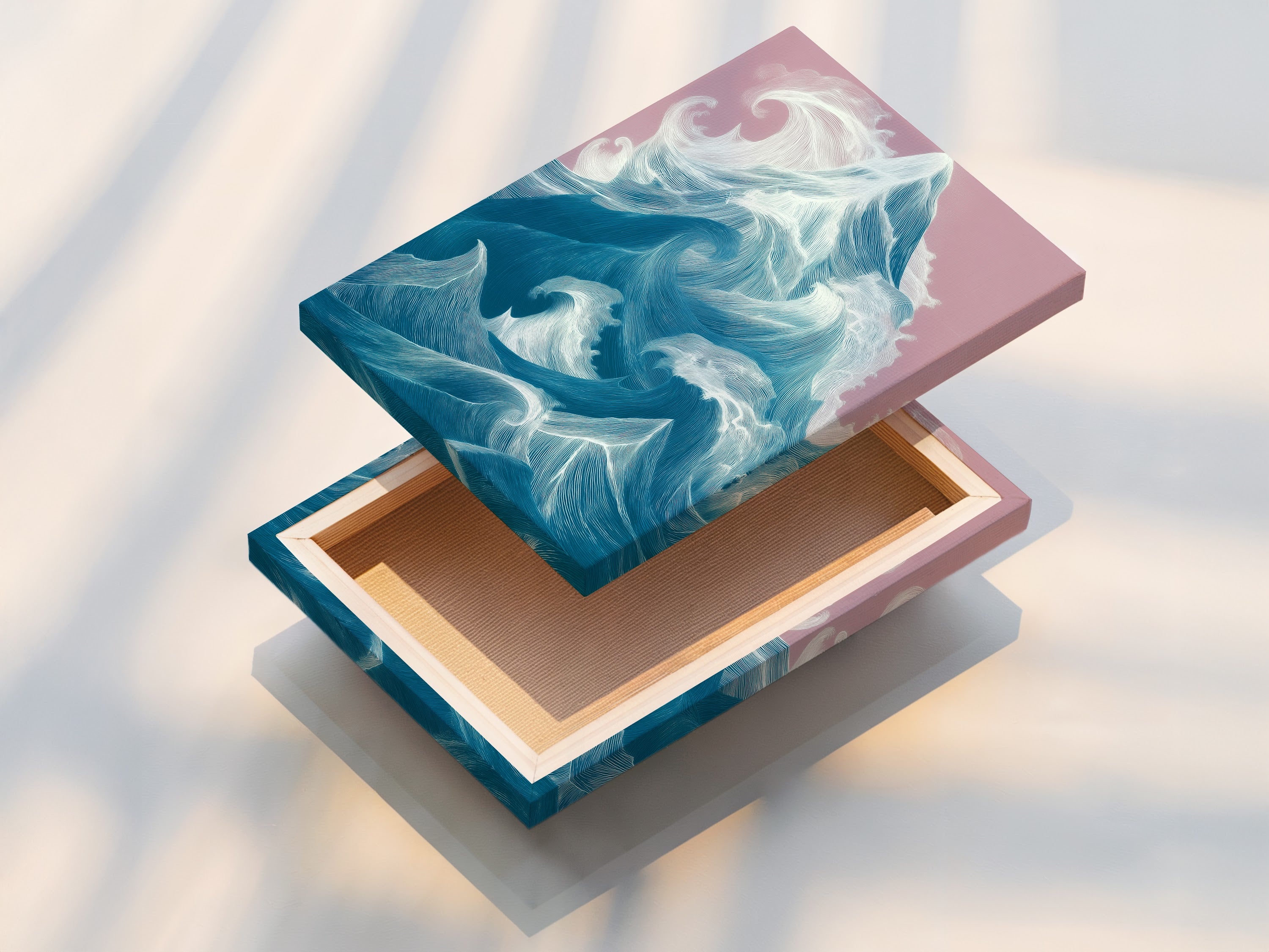 A stretched canvas print of ocean wave art. Ready to hang and instantly transform your space. The canvas texture enhances the artwork's depth and vibrancy. Perfect for adding a modern coastal touch.