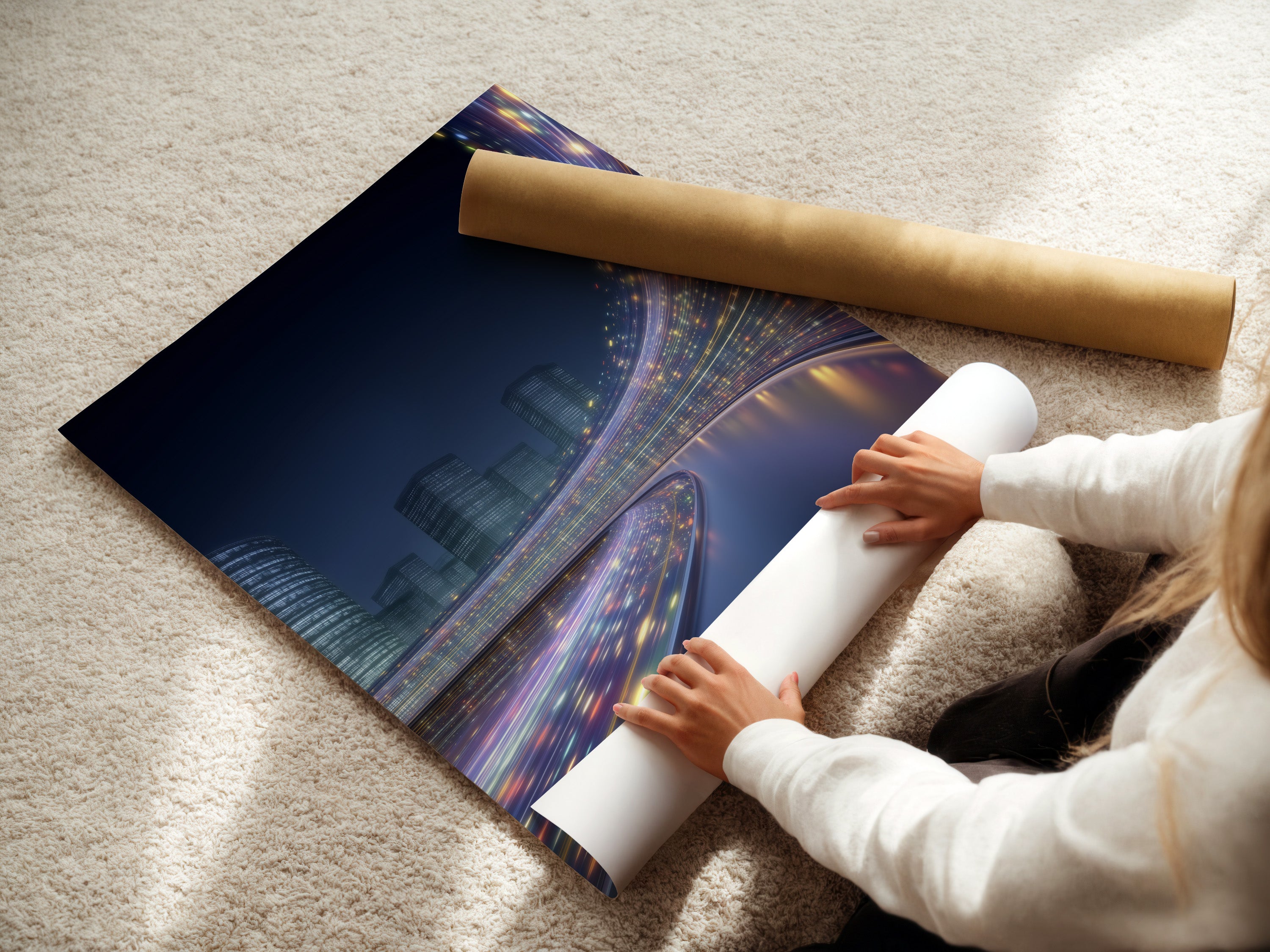 A woman is carefully rolling a fine art poster paper featuring futuristic cityscape artwork. This modern urban art piece showcases digital city lights. The fine art poster paper ensures high-quality print. Perfect for adding a touch of contemporary style to your walls.