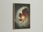 Celestial Vortex abstract galaxy wall art is displayed in an oak frame. The vortex print is perfect for library wall art. This cosmic artwork is ideal for scholars. It adds academic charm to living spaces.